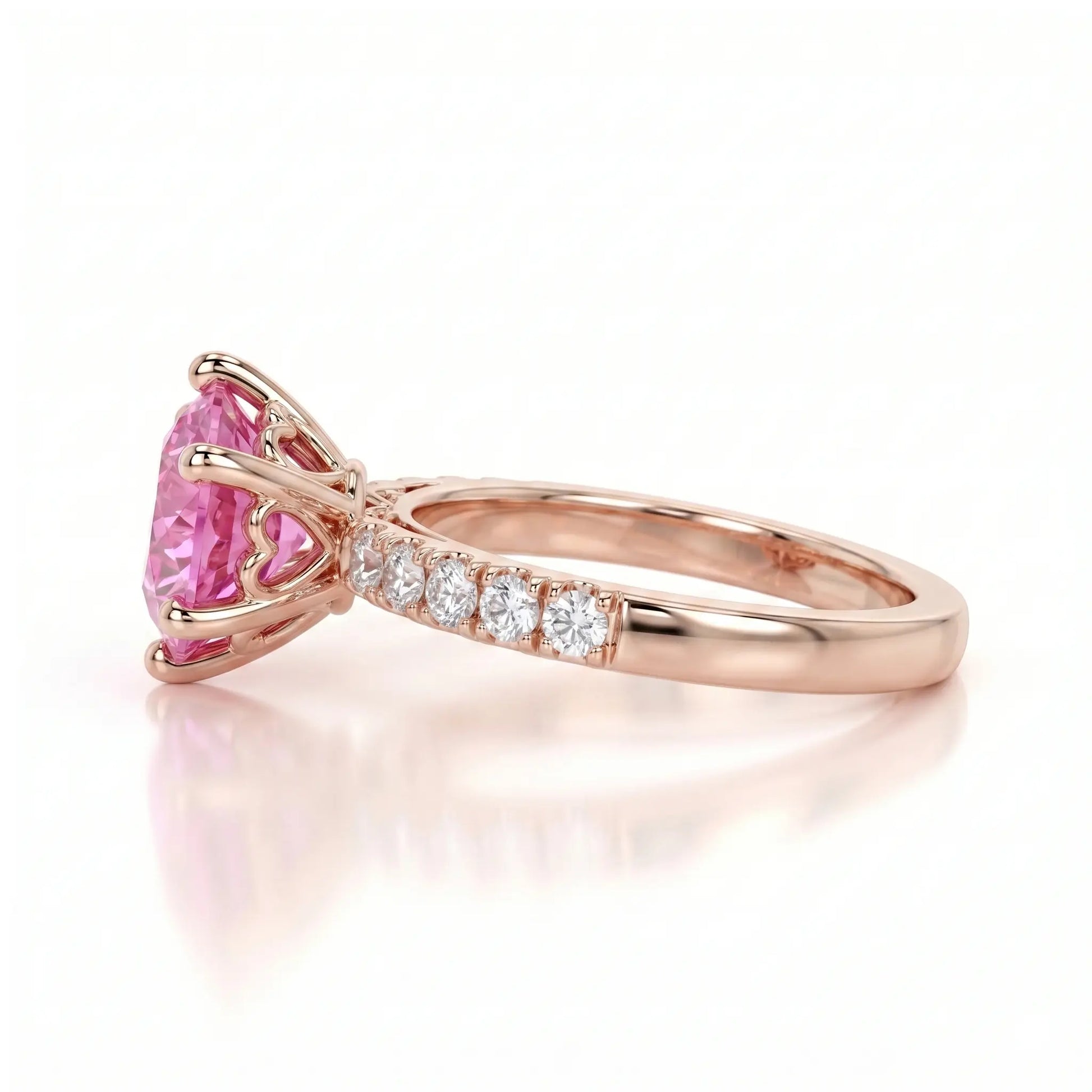 Round Lab Grown Pink Sapphire Engagement Ring with Diamond Accented Band – Classic Solitaire Gemstone Ring for Women