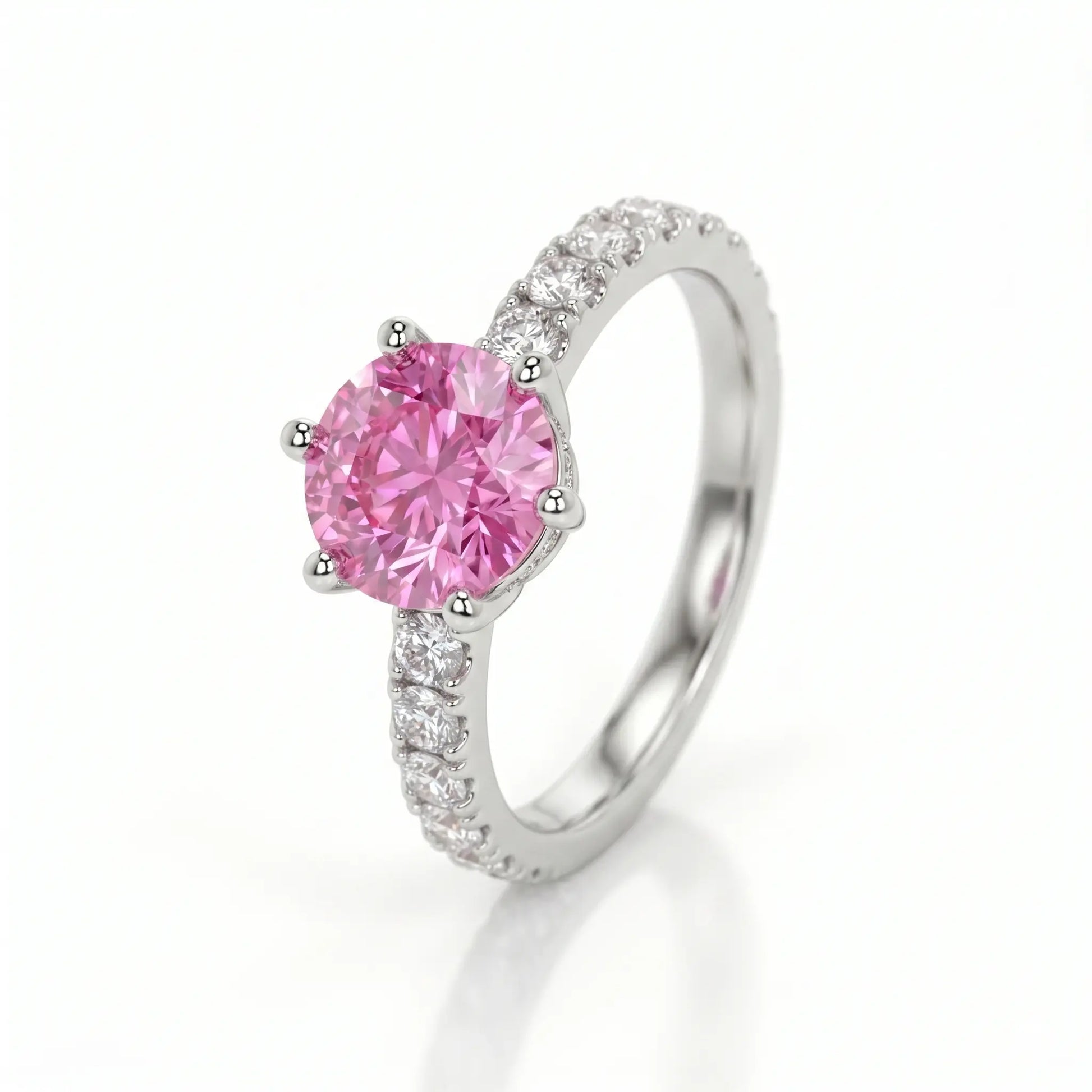 Round Lab Grown Pink Sapphire Engagement Ring with Diamond Accented Band – Classic Solitaire Gemstone Ring for Women