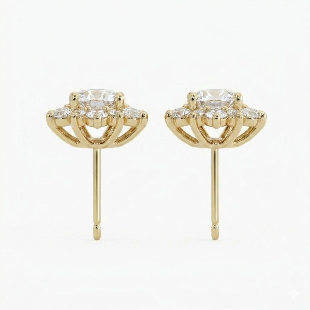 Round Moissanite Halo Stud Earrings – Floral Cluster Design, Sparkling Everyday Jewelry