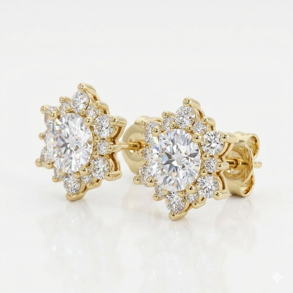 Round Moissanite Halo Stud Earrings – Floral Cluster Design, Sparkling Everyday Jewelry