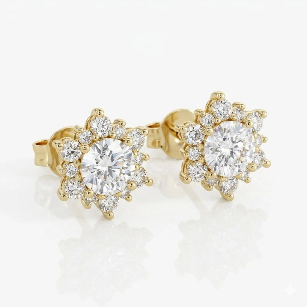 Round Moissanite Halo Stud Earrings – Floral Cluster Design, Sparkling Everyday Jewelry
