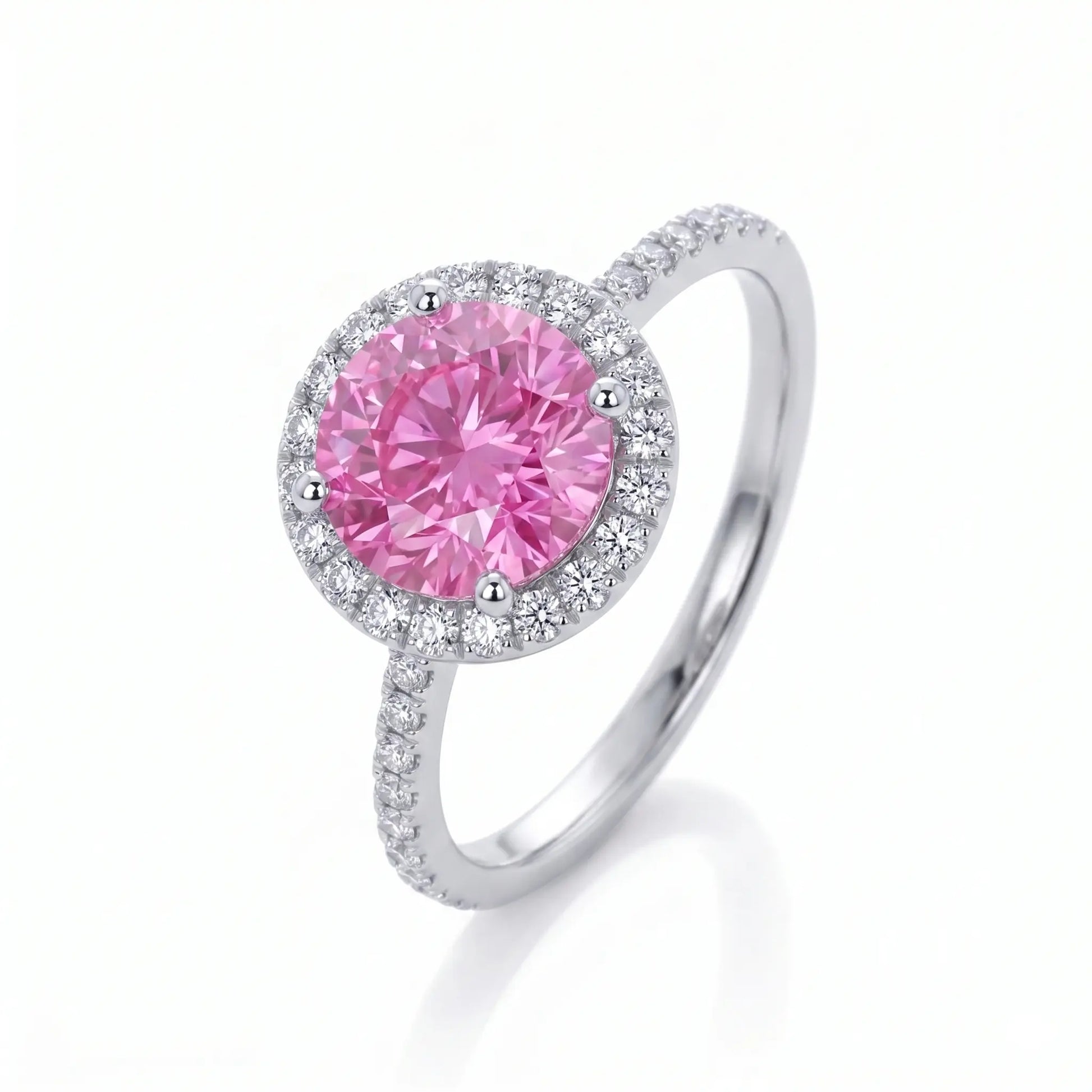 Round Pink Sapphire Halo Engagement Ring with Diamond Accents