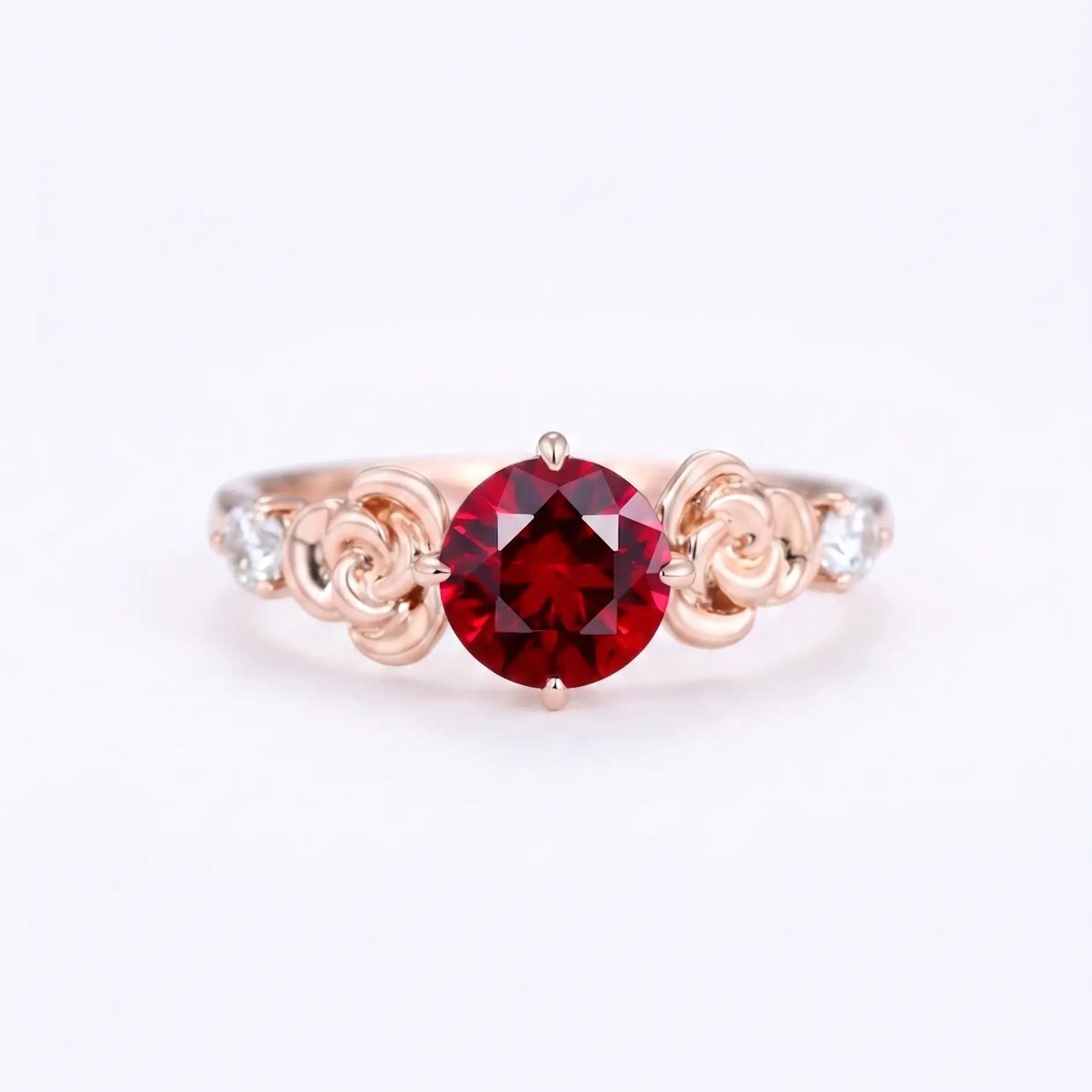 Round Red Ruby Engagement Ring with Floral Rose Details and Diamond Accents