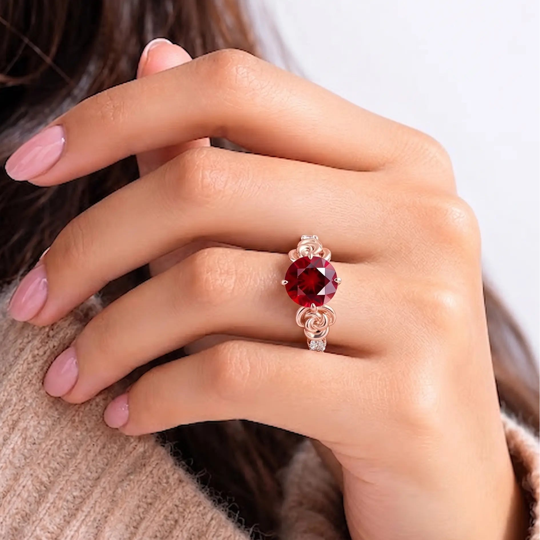 Round Red Ruby Engagement Ring with Floral Rose Details and Diamond Accents