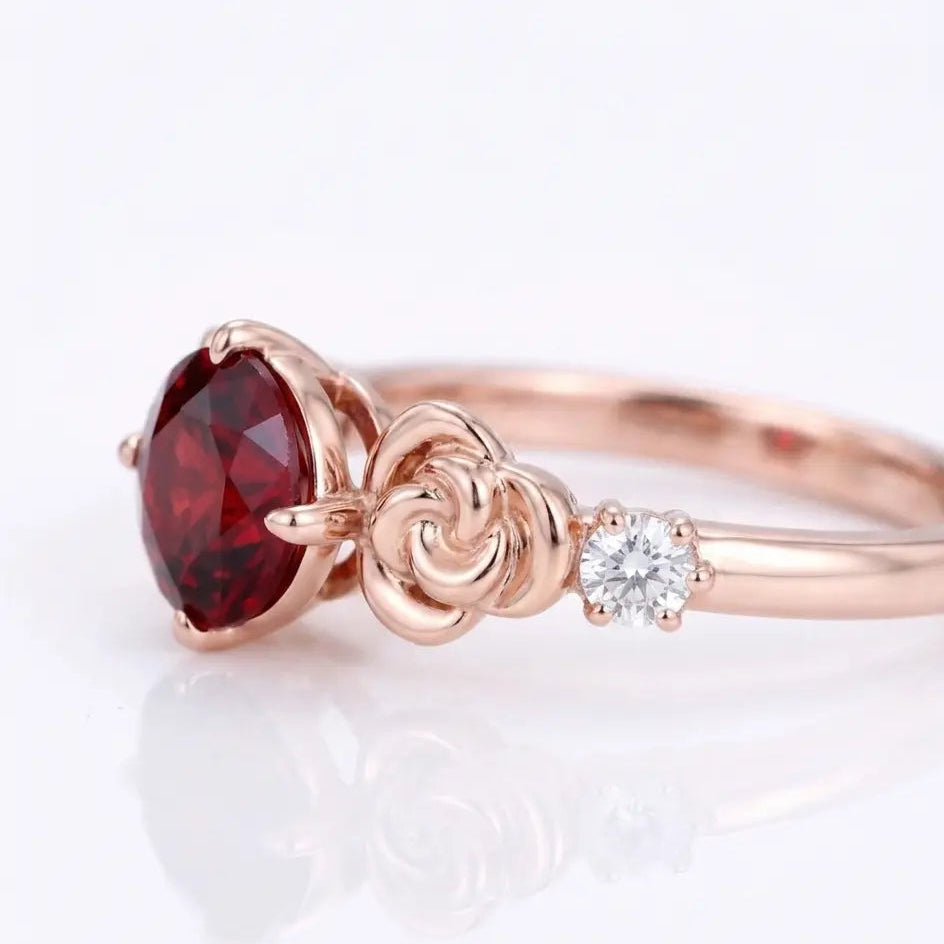 Round Red Ruby Engagement Ring with Floral Rose Details and Diamond Accents