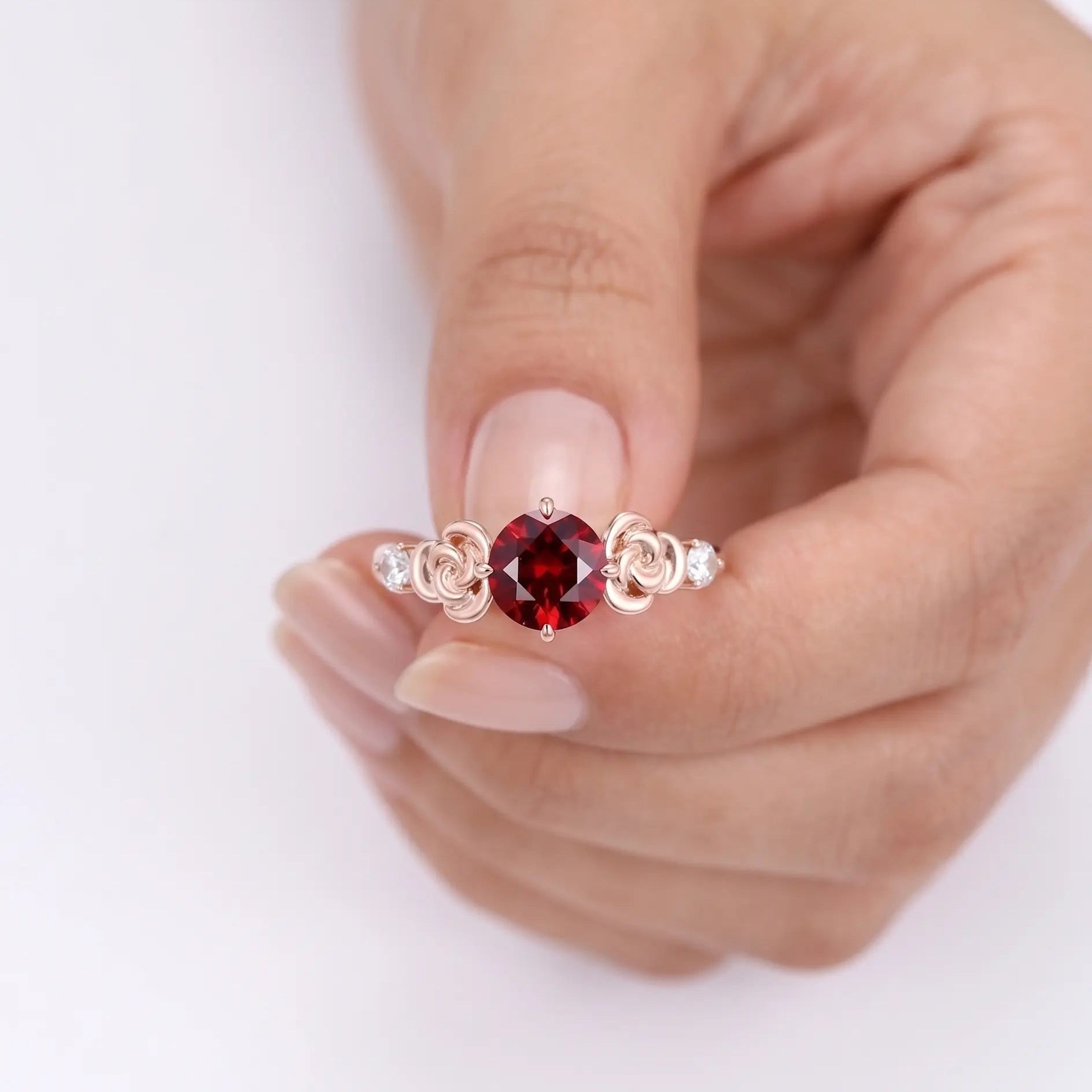 Round Red Ruby Engagement Ring with Floral Rose Details and Diamond Accents