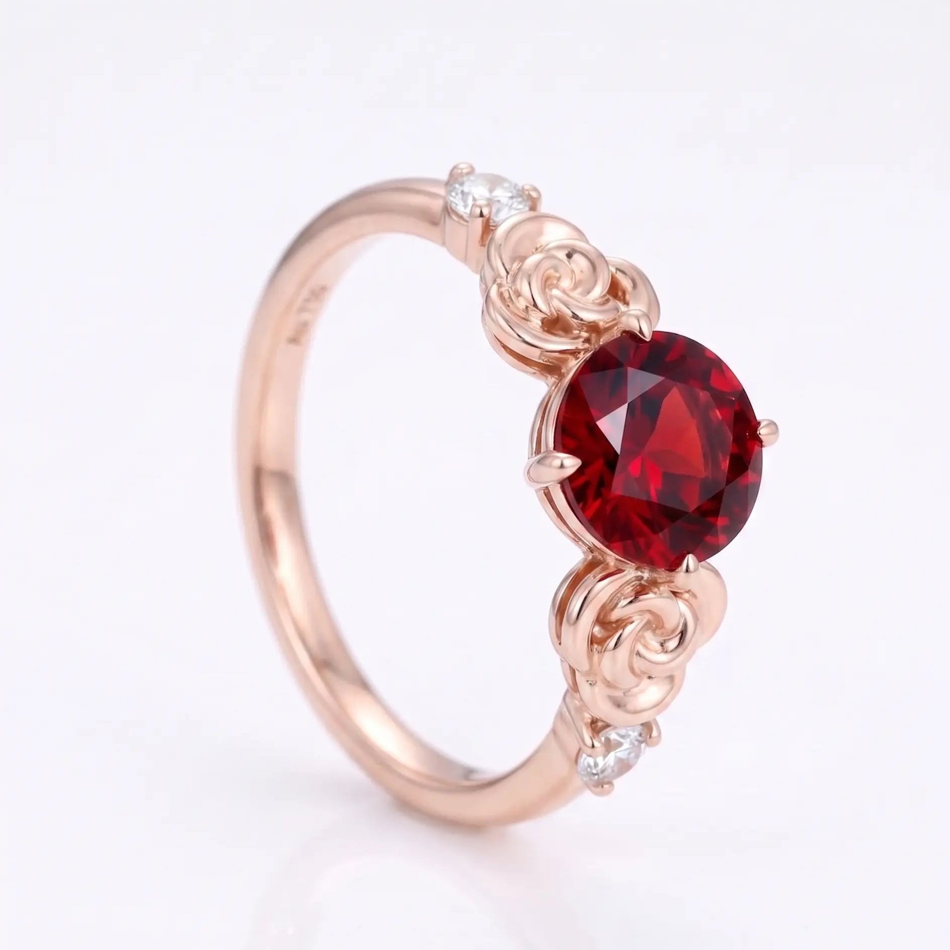 Round Red Ruby Engagement Ring with Floral Rose Details and Diamond Accents