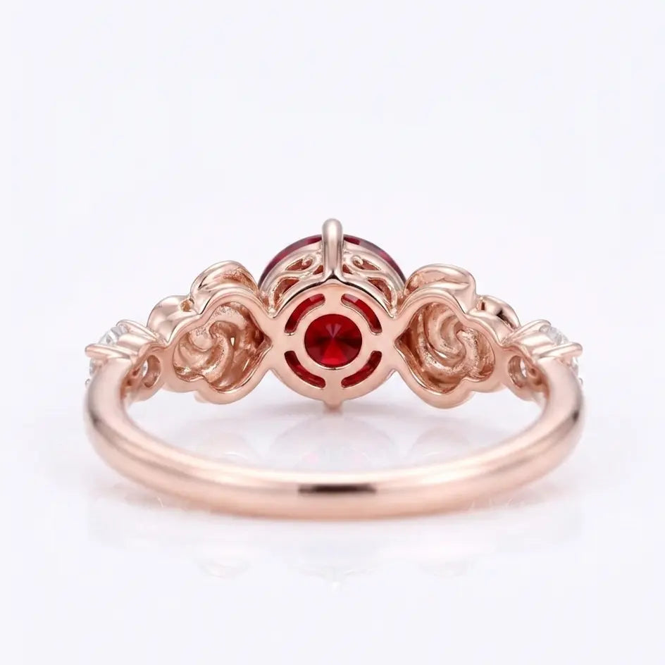 Round Red Ruby Engagement Ring with Floral Rose Details and Diamond Accents