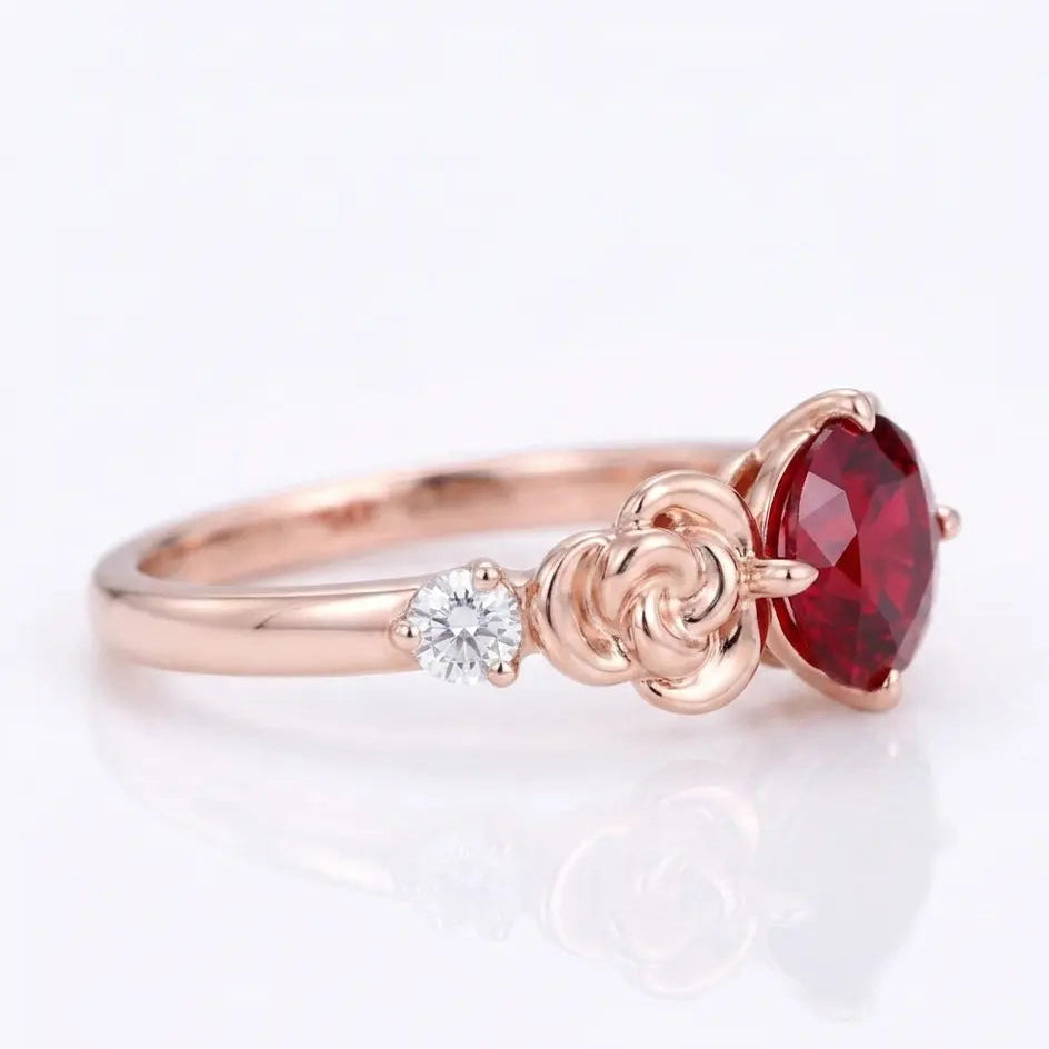 Round Red Ruby Engagement Ring with Floral Rose Details and Diamond Accents