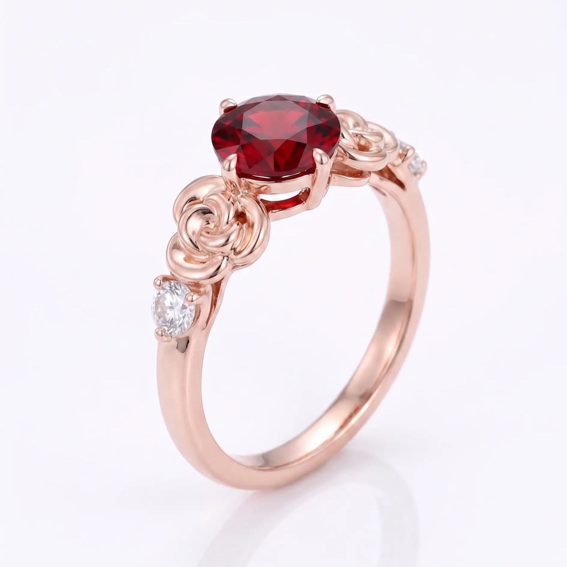 Round Red Ruby Engagement Ring with Floral Rose Details and Diamond Accents