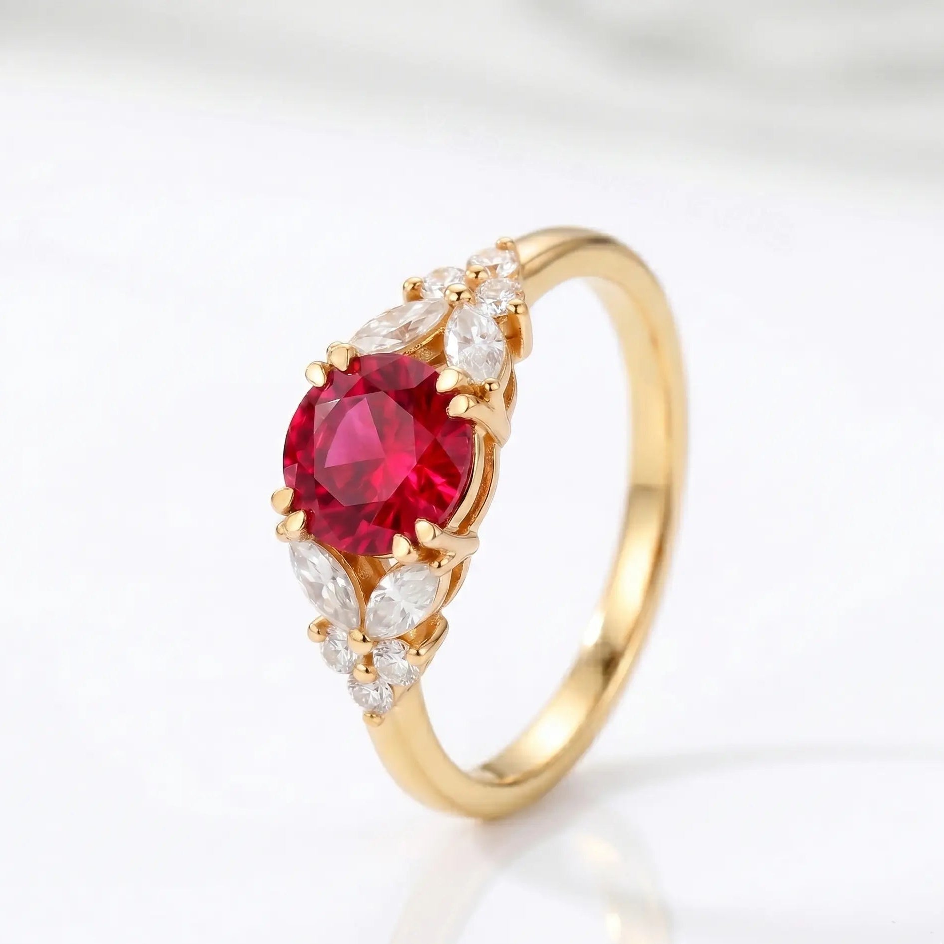 Round Red Ruby Ring, Ruby Engagement Ring, Marquise Diamond Ring, Vintage Inspired Ruby Ring, Diamond Cluster Ring, Fine Jewellery Gift