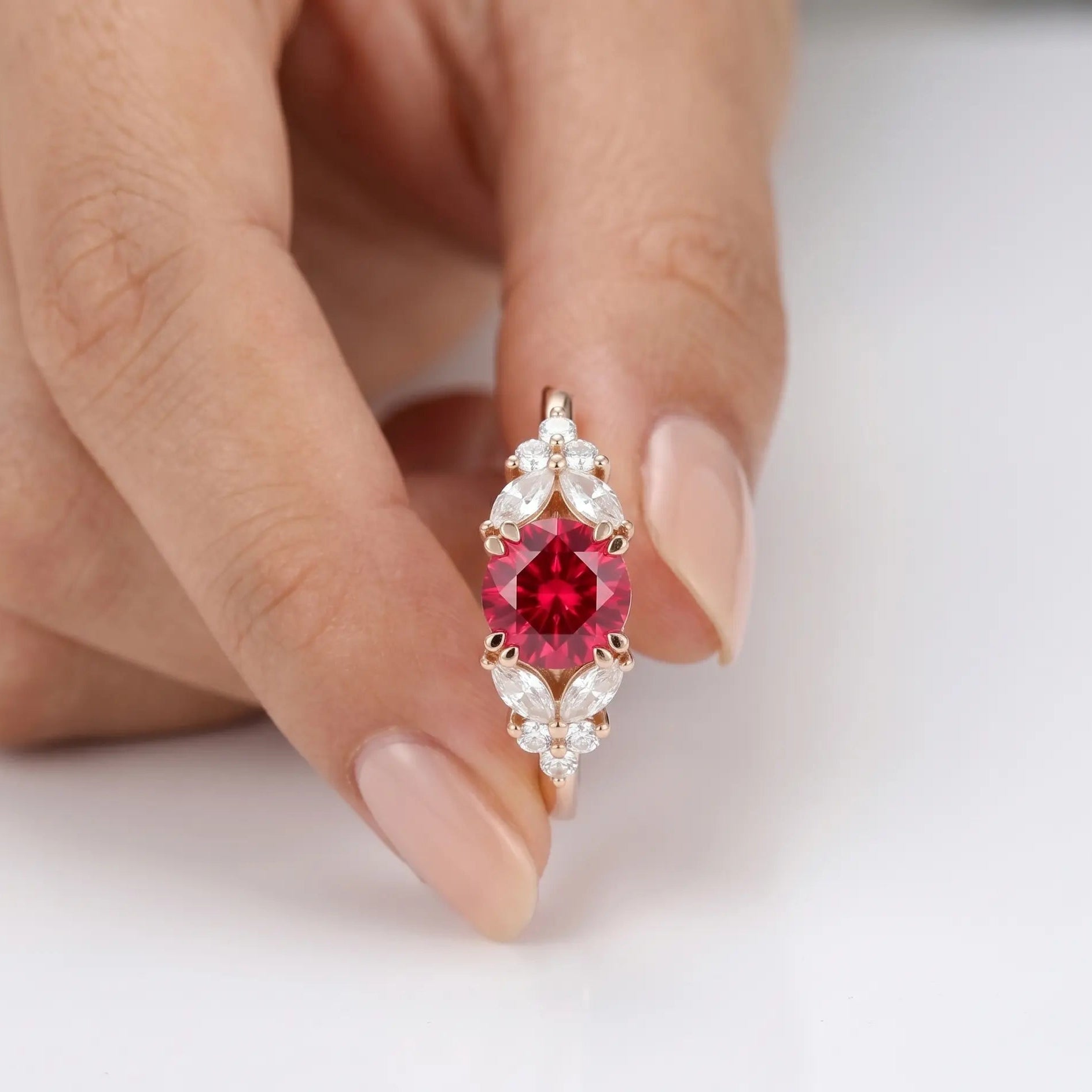 Round Red Ruby Ring, Ruby Engagement Ring, Marquise Diamond Ring, Vintage Inspired Ruby Ring, Diamond Cluster Ring, Fine Jewellery Gift