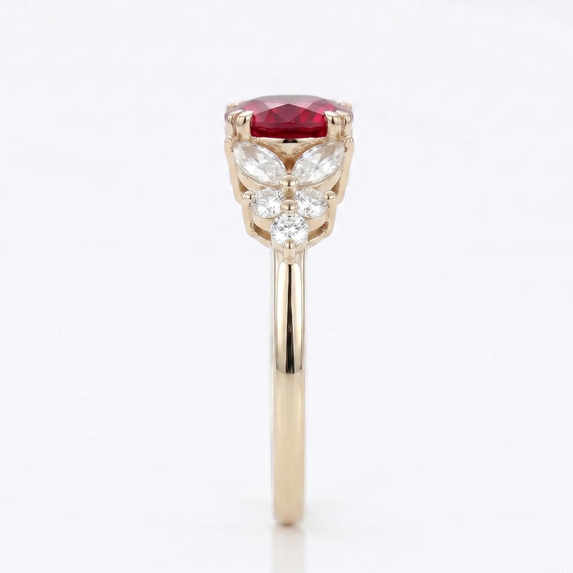 Round Red Ruby Ring, Ruby Engagement Ring, Marquise Diamond Ring, Vintage Inspired Ruby Ring, Diamond Cluster Ring, Fine Jewellery Gift