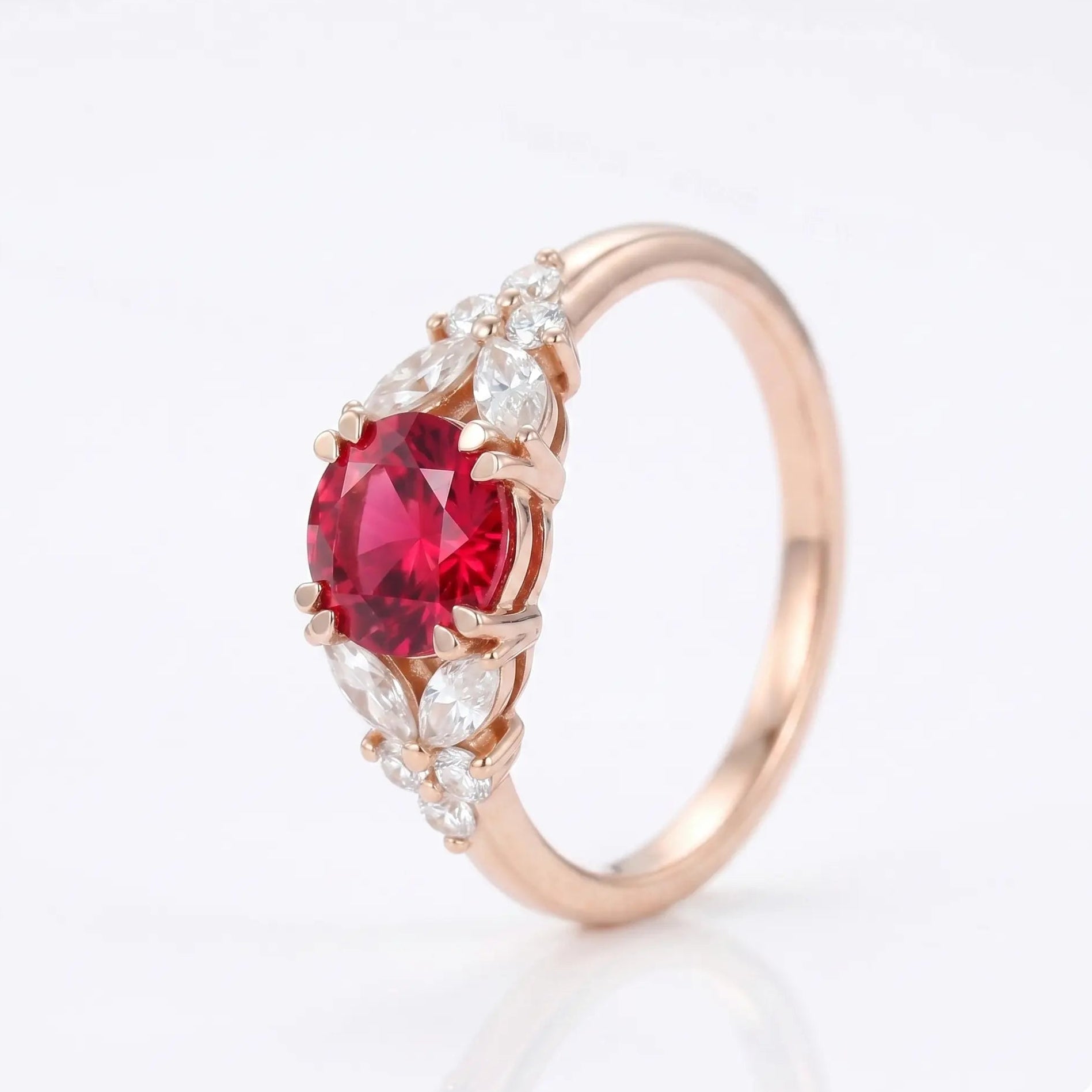 Round Red Ruby Ring, Ruby Engagement Ring, Marquise Diamond Ring, Vintage Inspired Ruby Ring, Diamond Cluster Ring, Fine Jewellery Gift