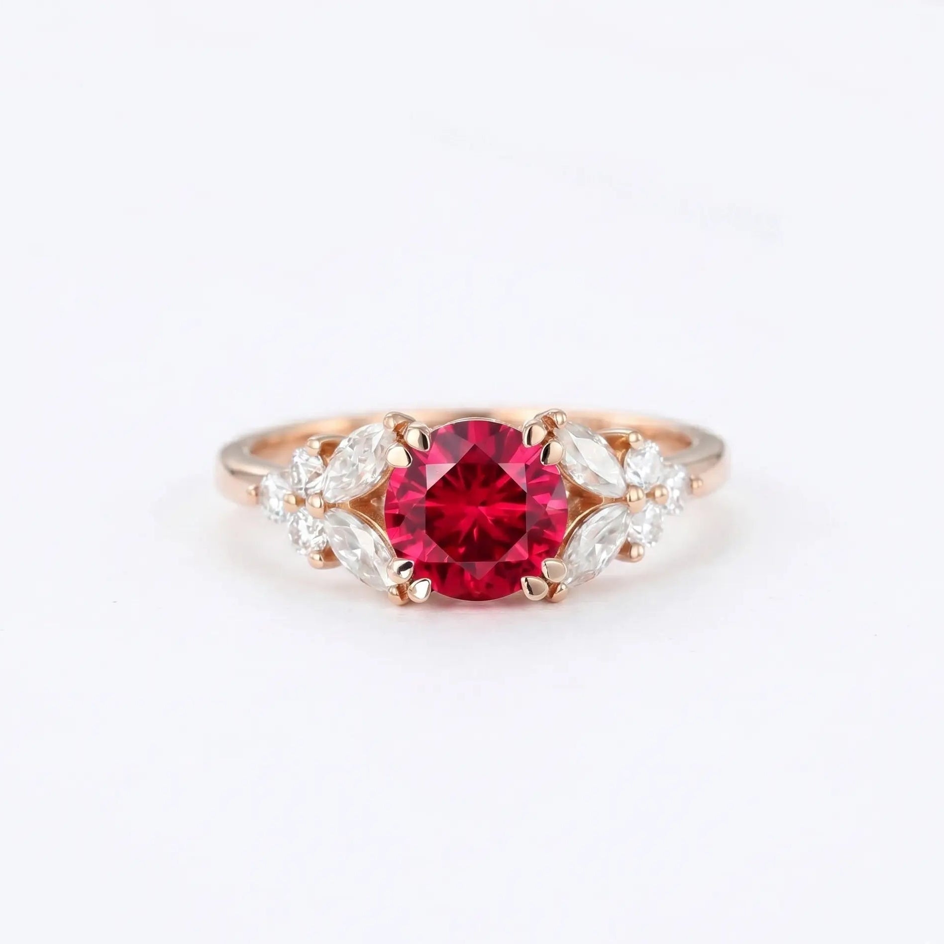 Round Red Ruby Ring, Ruby Engagement Ring, Marquise Diamond Ring, Vintage Inspired Ruby Ring, Diamond Cluster Ring, Fine Jewellery Gift