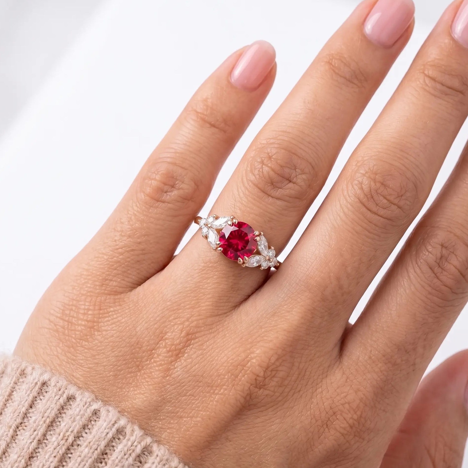 Round Red Ruby Ring, Ruby Engagement Ring, Marquise Diamond Ring, Vintage Inspired Ruby Ring, Diamond Cluster Ring, Fine Jewellery Gift