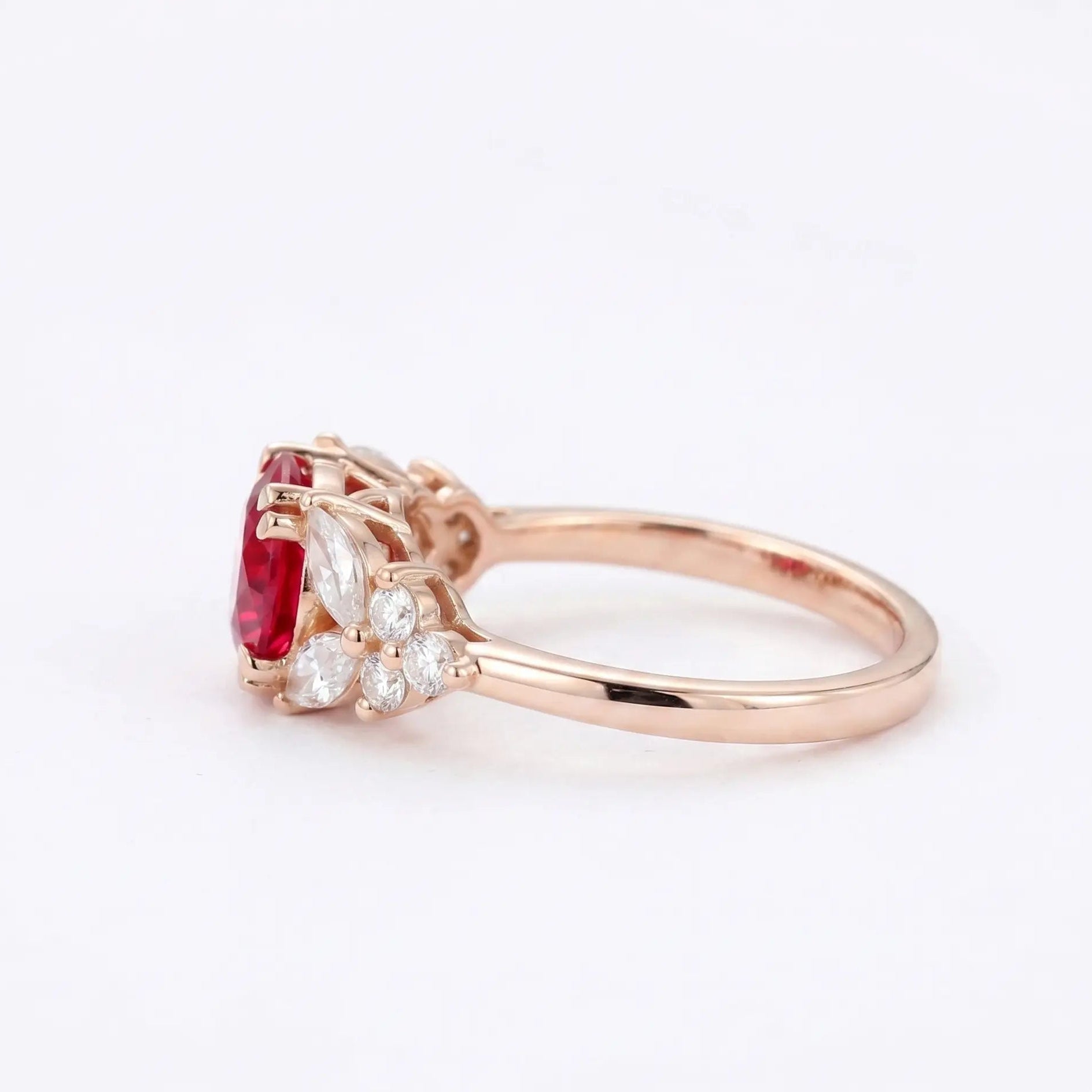 Round Red Ruby Ring, Ruby Engagement Ring, Marquise Diamond Ring, Vintage Inspired Ruby Ring, Diamond Cluster Ring, Fine Jewellery Gift
