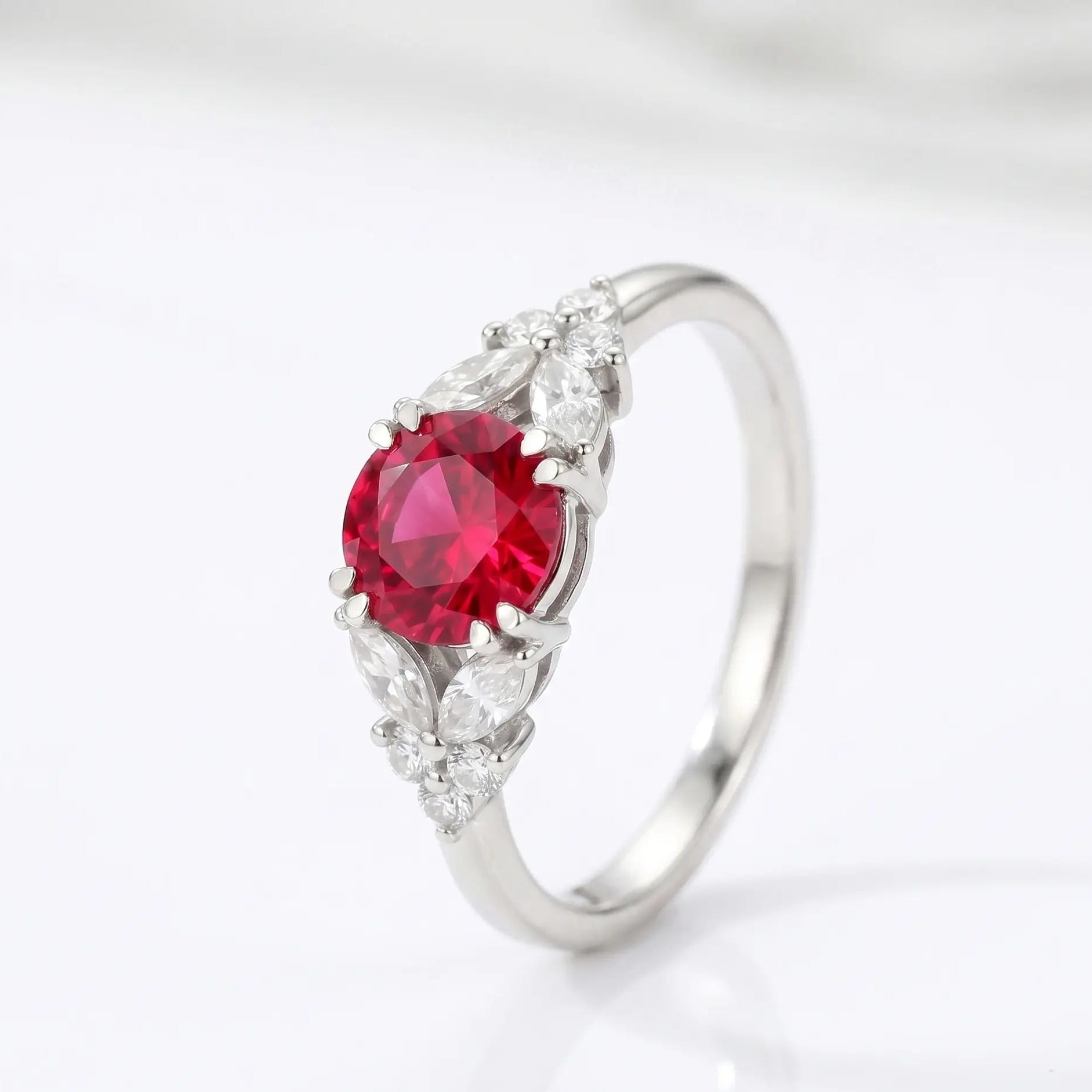 Round Red Ruby Ring, Ruby Engagement Ring, Marquise Diamond Ring, Vintage Inspired Ruby Ring, Diamond Cluster Ring, Fine Jewellery Gift