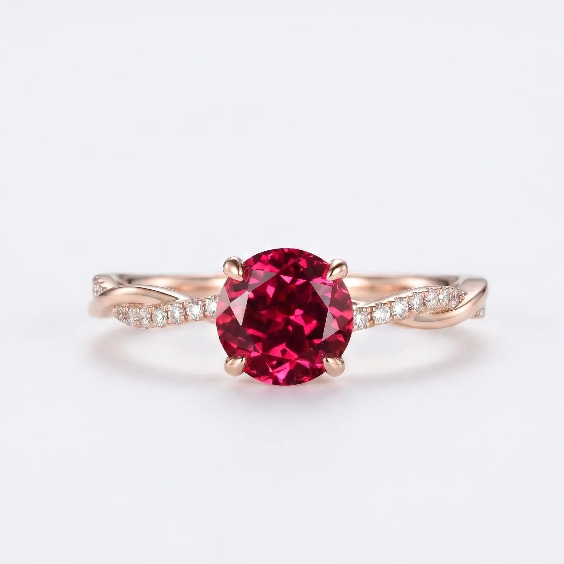 Round Red Ruby Twisted Band Engagement Ring with Diamond Accents, Infinity Style Ruby Ring, Round Cut Gemstone Ring for Women