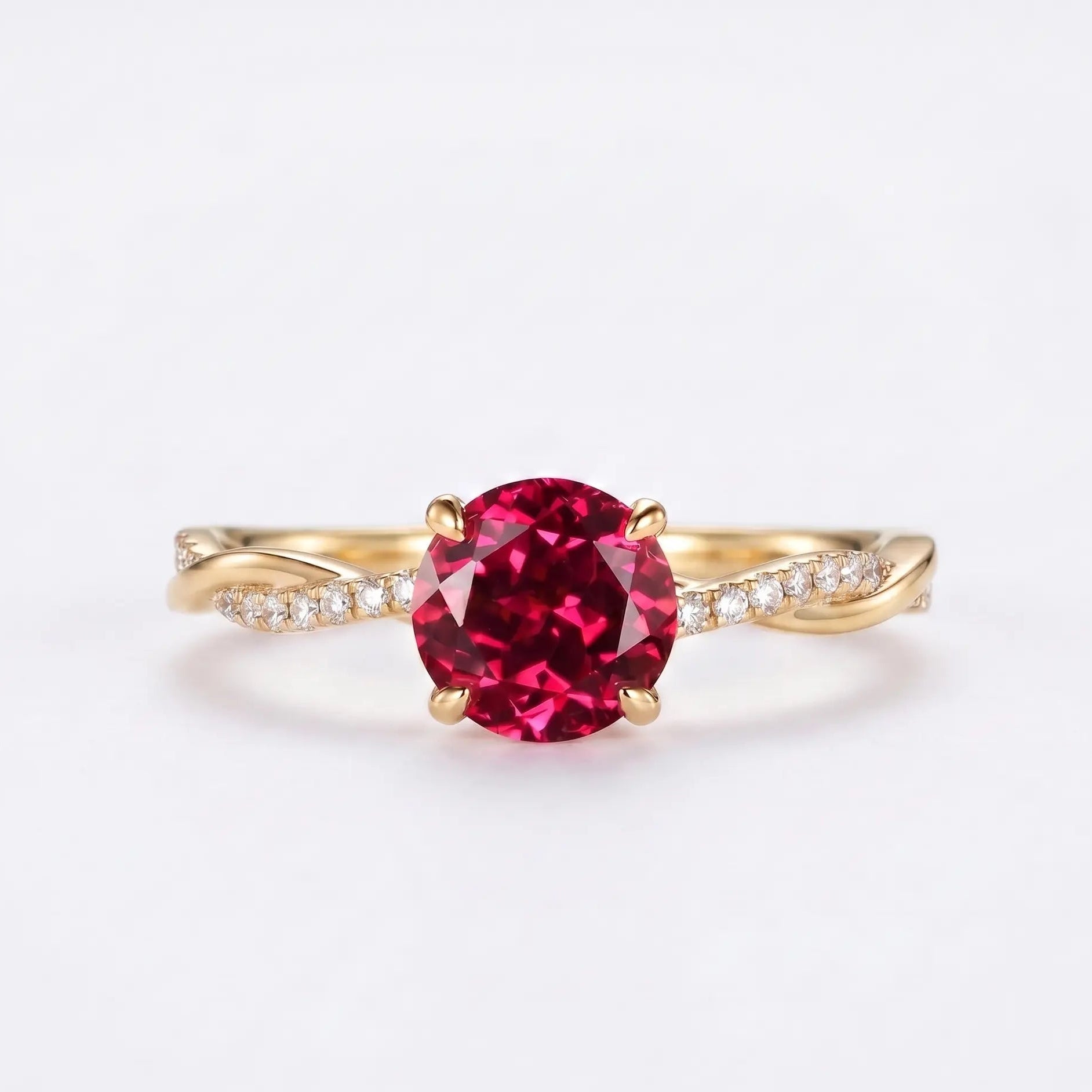 Round Red Ruby Twisted Band Engagement Ring with Diamond Accents, Infinity Style Ruby Ring, Round Cut Gemstone Ring for Women
