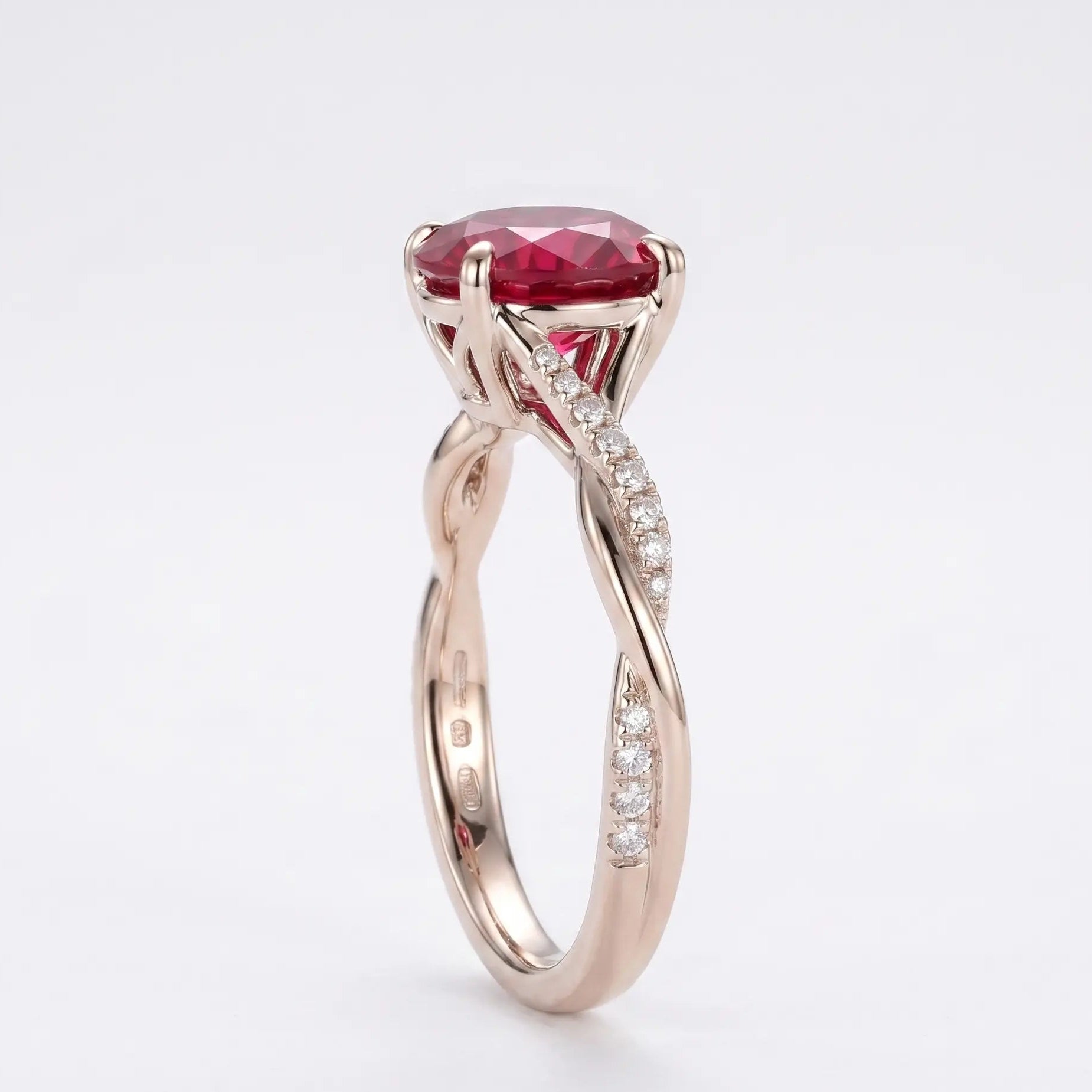 Round Red Ruby Twisted Band Engagement Ring with Diamond Accents, Infinity Style Ruby Ring, Round Cut Gemstone Ring for Women