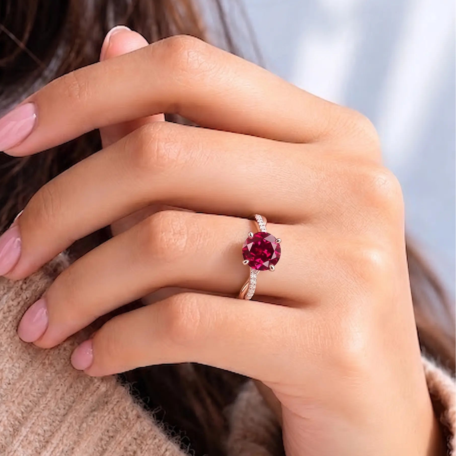 Round Red Ruby Twisted Band Engagement Ring with Diamond Accents, Infinity Style Ruby Ring, Round Cut Gemstone Ring for Women