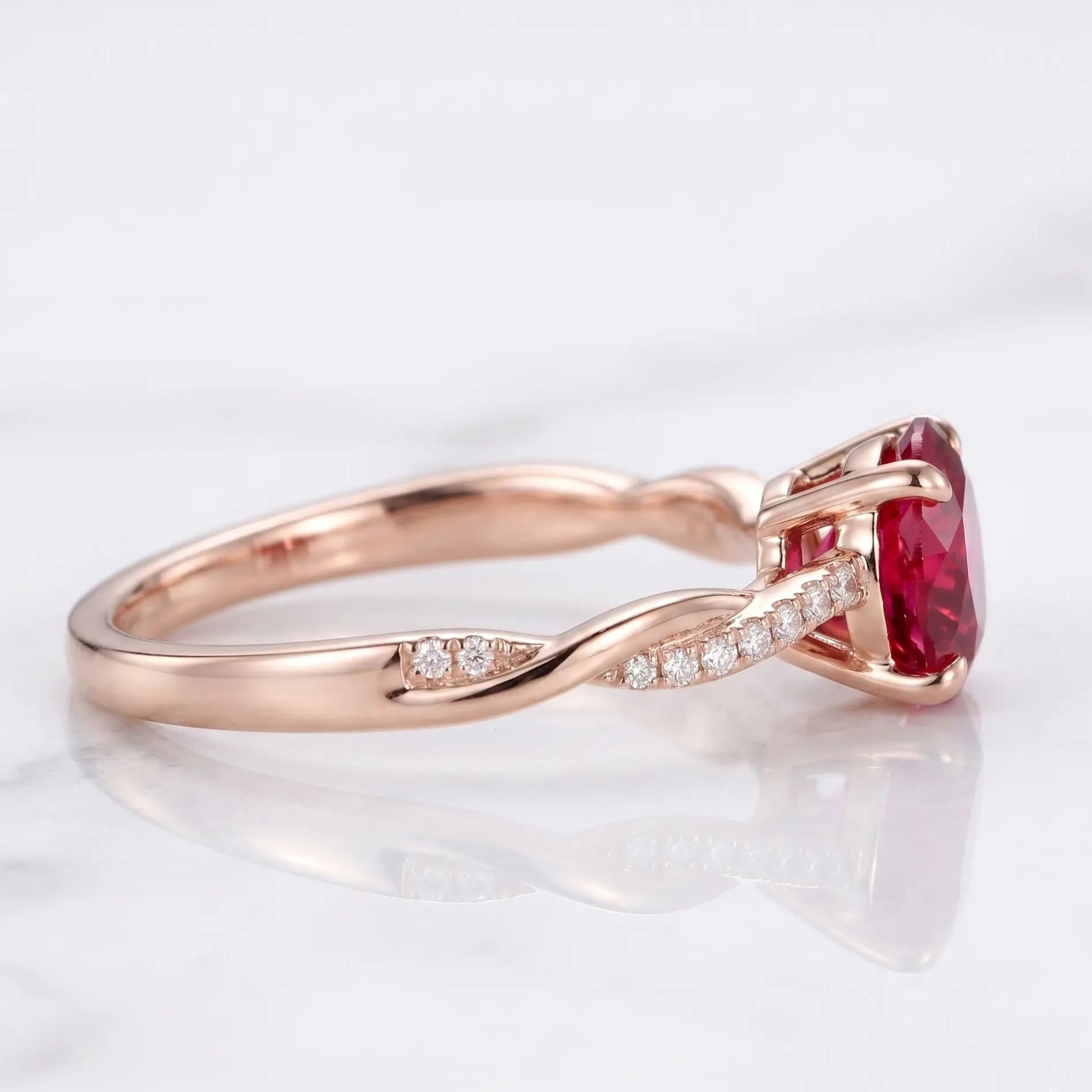 Round Red Ruby Twisted Band Engagement Ring with Diamond Accents, Infinity Style Ruby Ring, Round Cut Gemstone Ring for Women