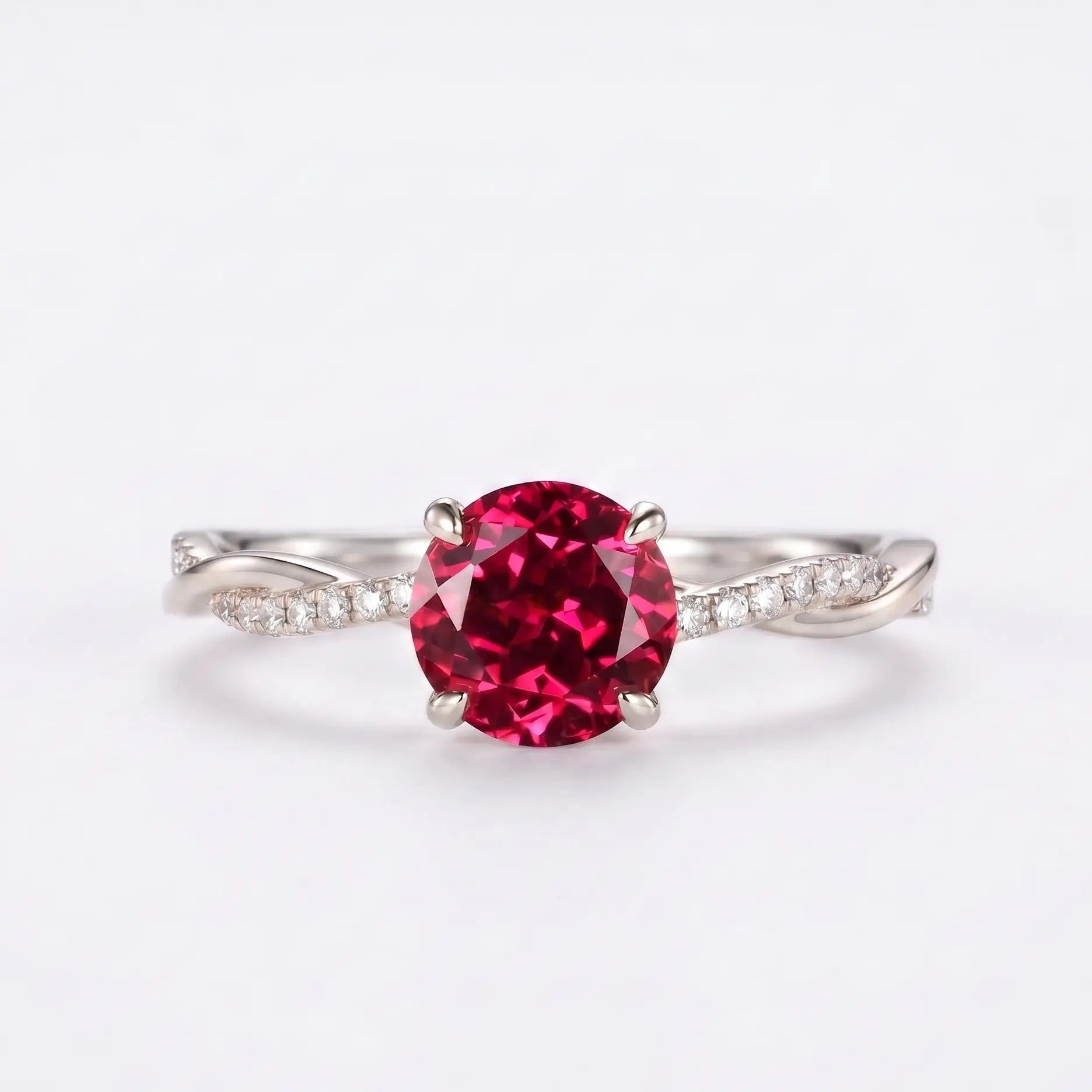 Round Red Ruby Twisted Band Engagement Ring with Diamond Accents, Infinity Style Ruby Ring, Round Cut Gemstone Ring for Women
