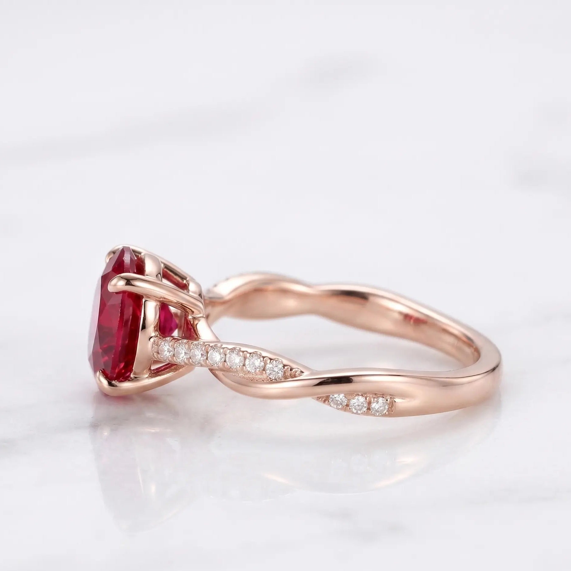Round Red Ruby Twisted Band Engagement Ring with Diamond Accents, Infinity Style Ruby Ring, Round Cut Gemstone Ring for Women