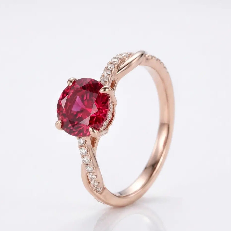Round Red Ruby Twisted Band Engagement Ring with Diamond Accents, Infinity Style Ruby Ring, Round Cut Gemstone Ring for Women