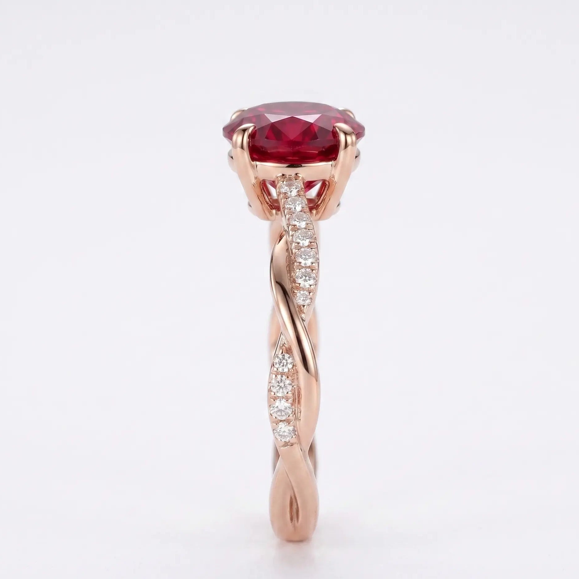 Round Red Ruby Twisted Band Engagement Ring with Diamond Accents, Infinity Style Ruby Ring, Round Cut Gemstone Ring for Women