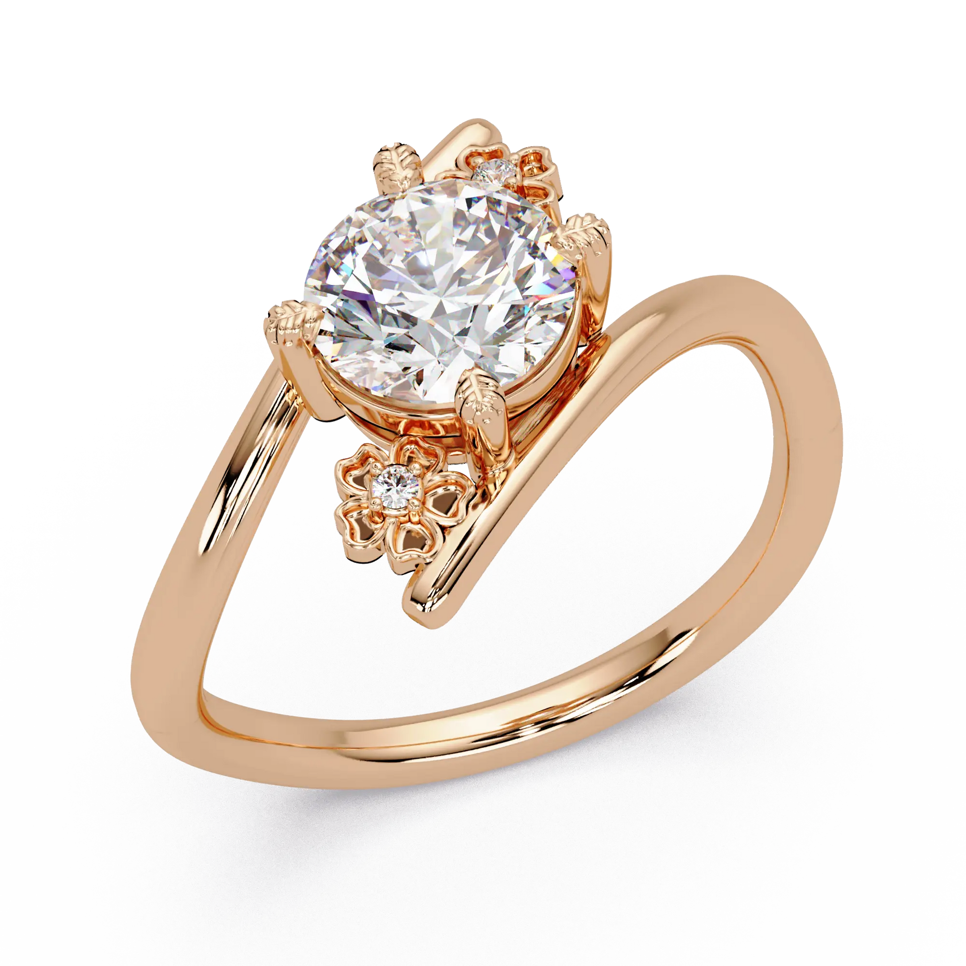 Round Solitaire Lab Grown Diamond Ring - Floral Bypass Design