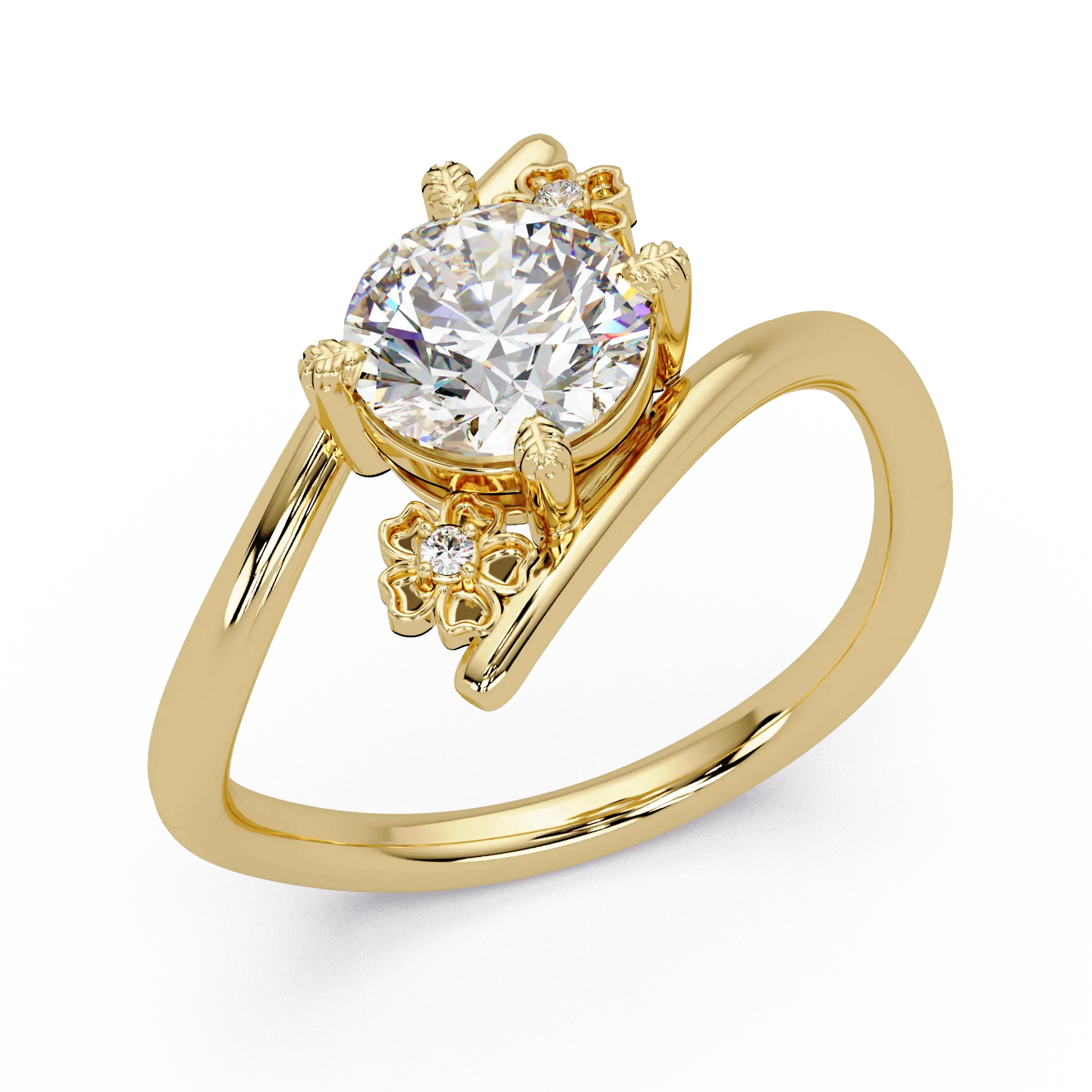 Round Solitaire Lab Grown Diamond Ring - Floral Bypass Design