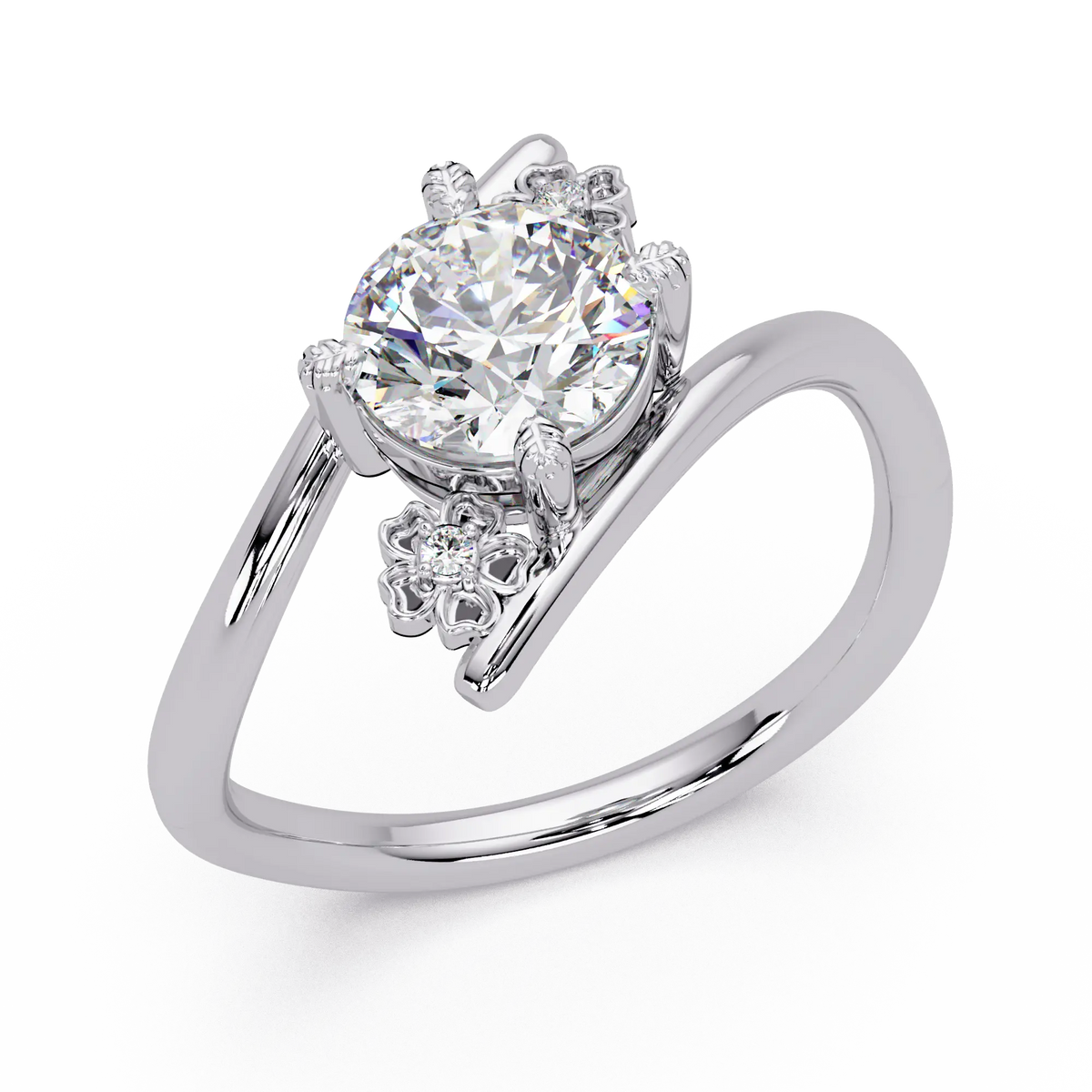Round Solitaire Lab Grown Diamond Ring - Floral Bypass Design