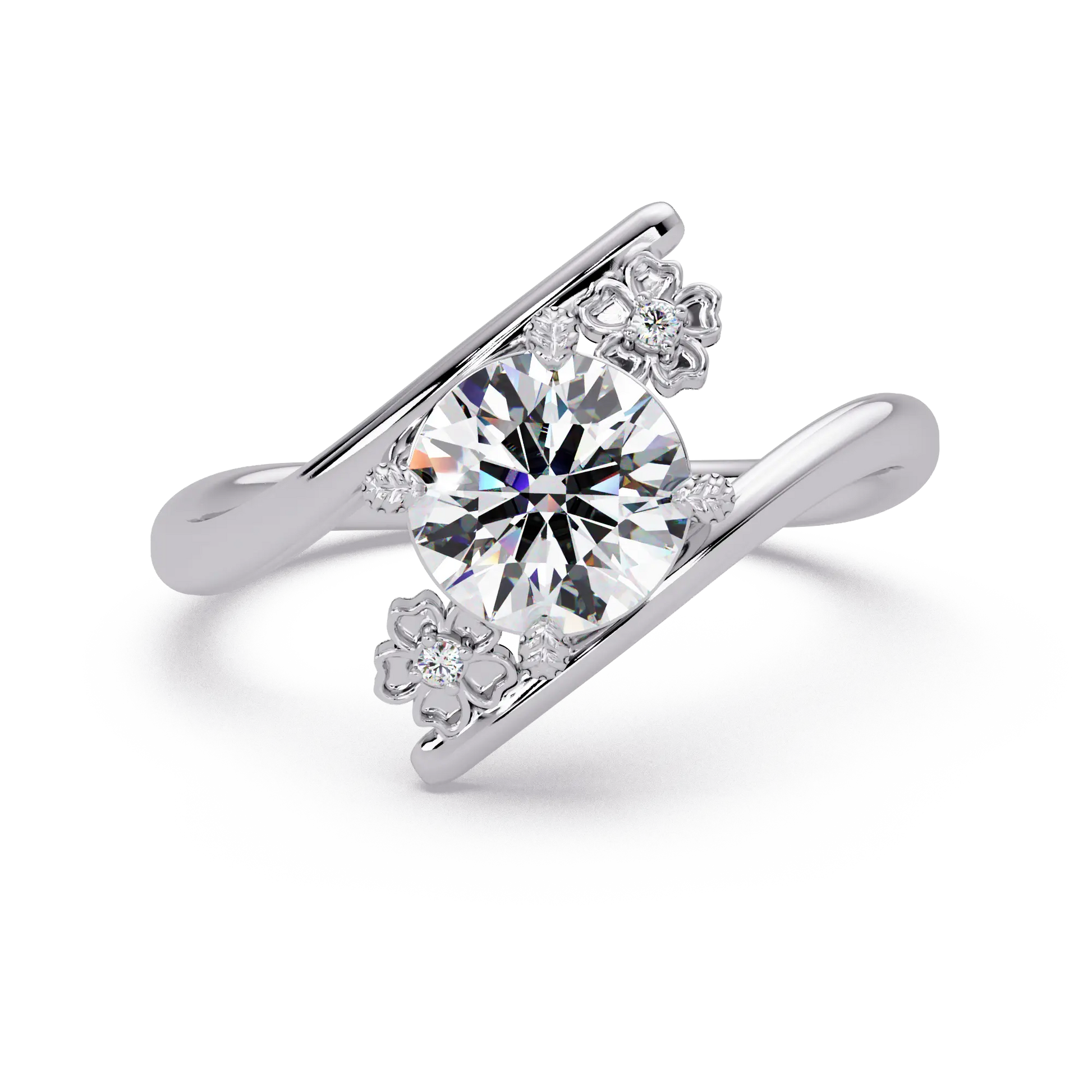 Round Solitaire Lab Grown Diamond Ring - Floral Bypass Design