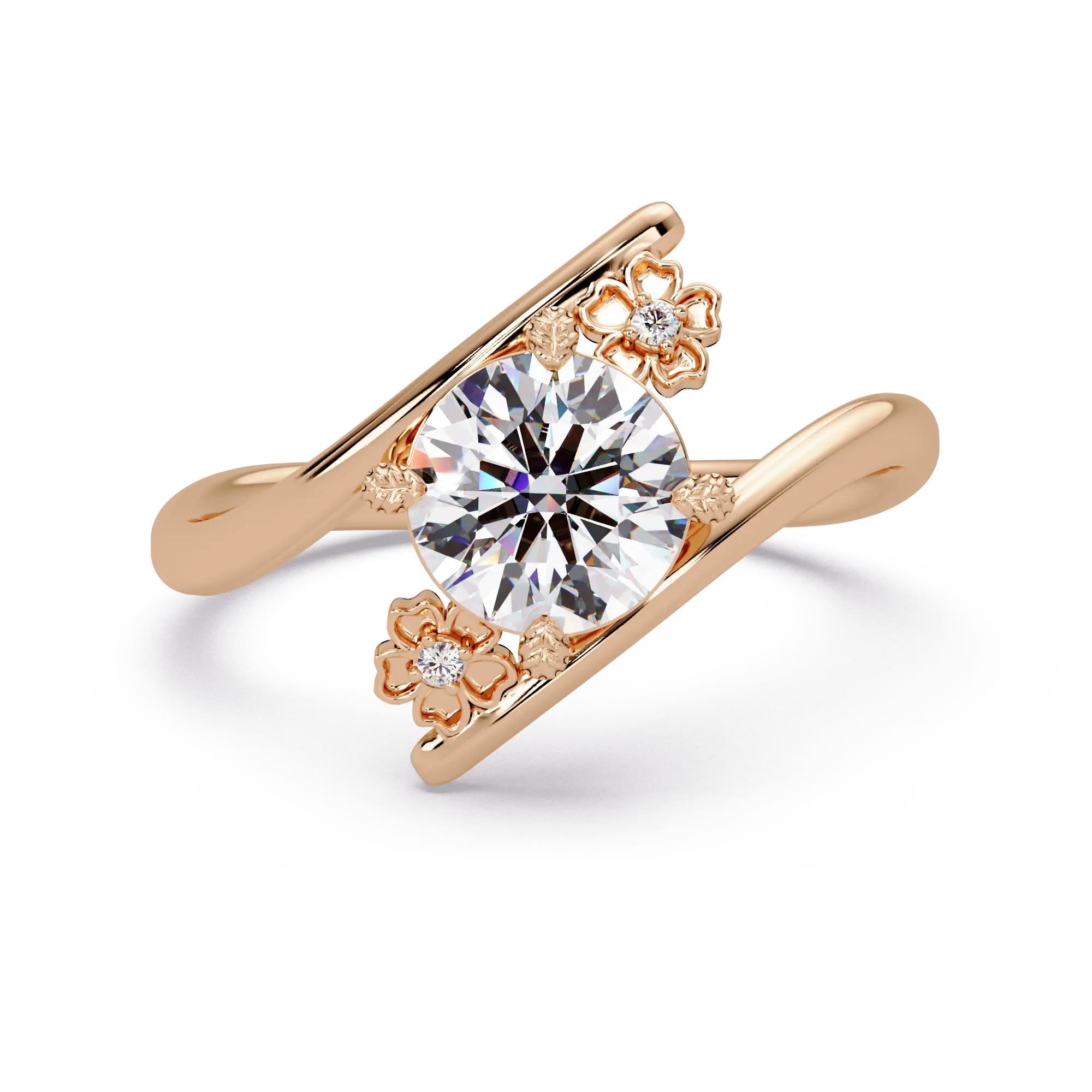Round Solitaire Lab Grown Diamond Ring - Floral Bypass Design