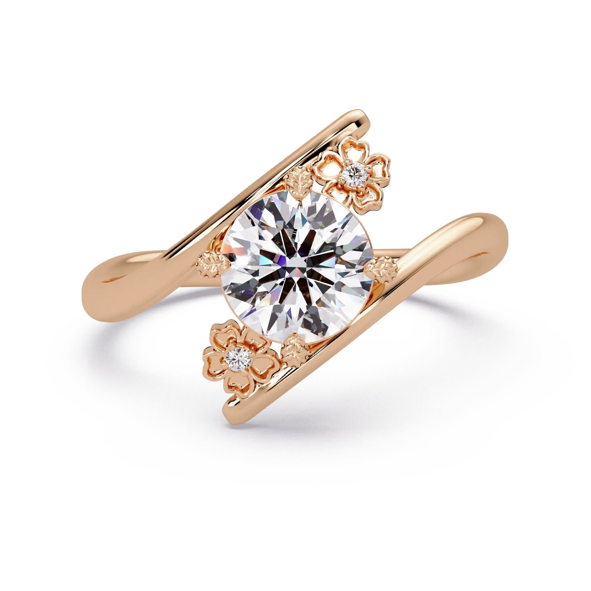 Round Solitaire Lab Grown Diamond Ring - Floral Bypass Design