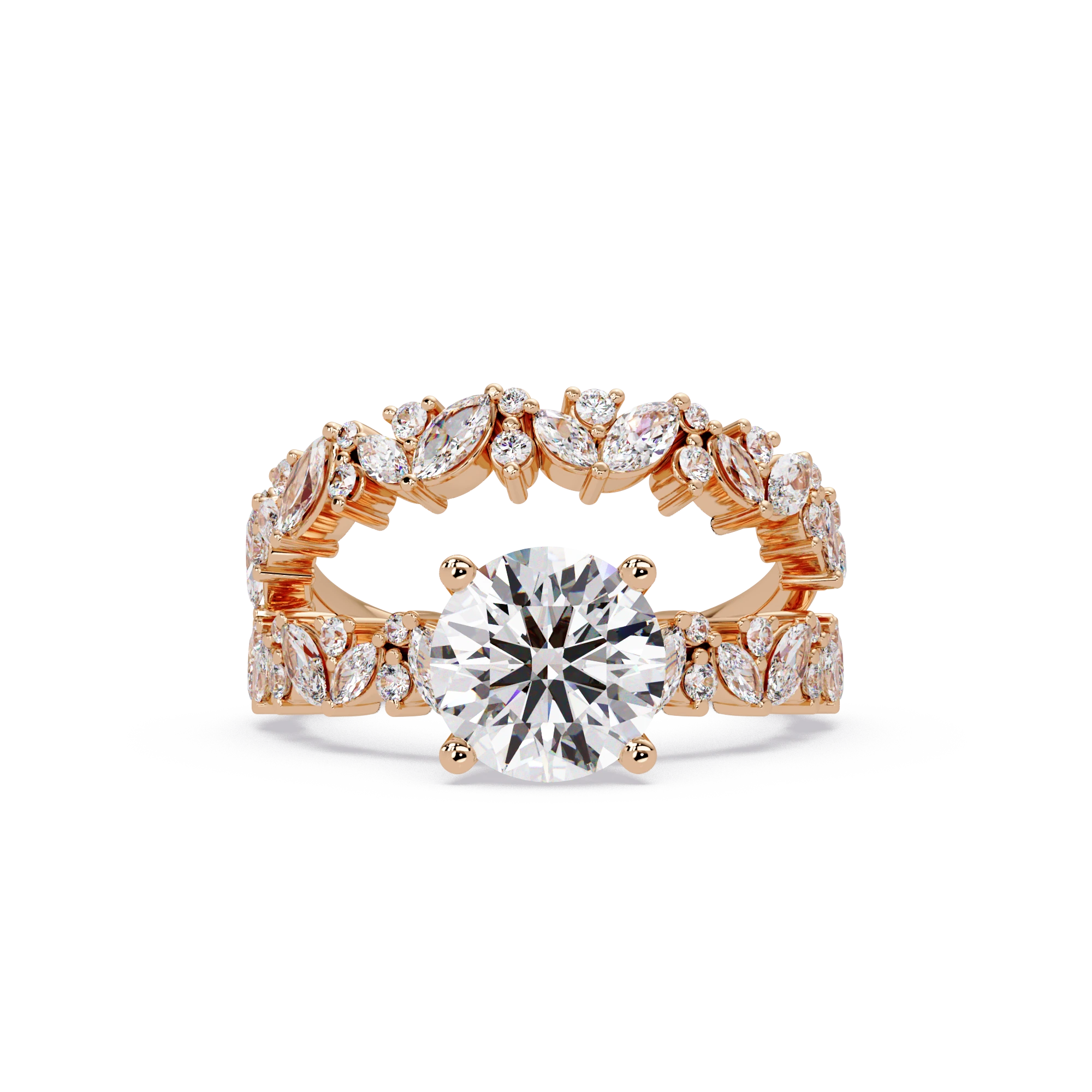 Round Cut Lab Grown Diamond Floral Bridal Set White Gold Leaf Pavé Engagement Ring with Matching Band
