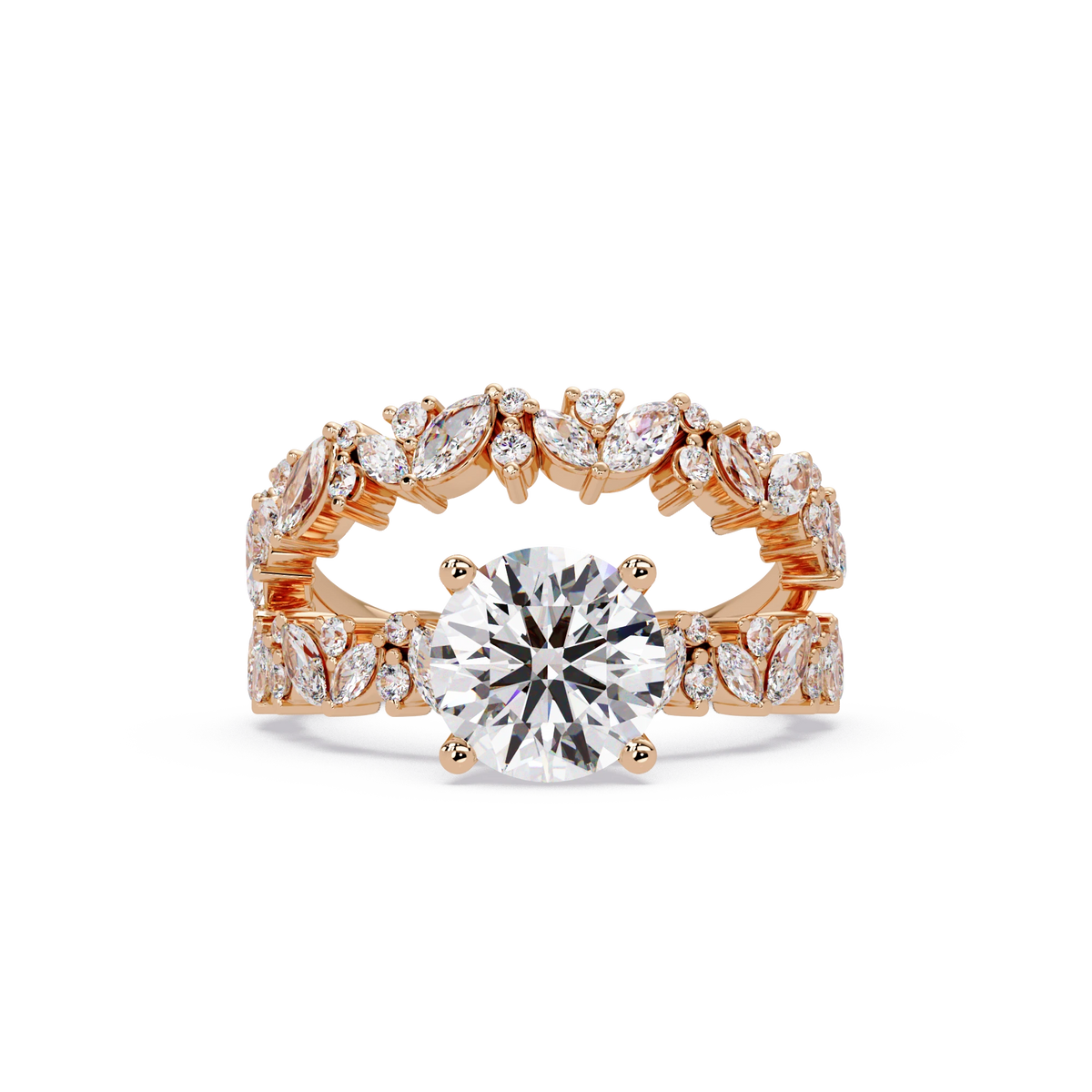 Round Cut Lab Grown Diamond Floral Bridal Set White Gold Leaf Pavé Engagement Ring with Matching Band