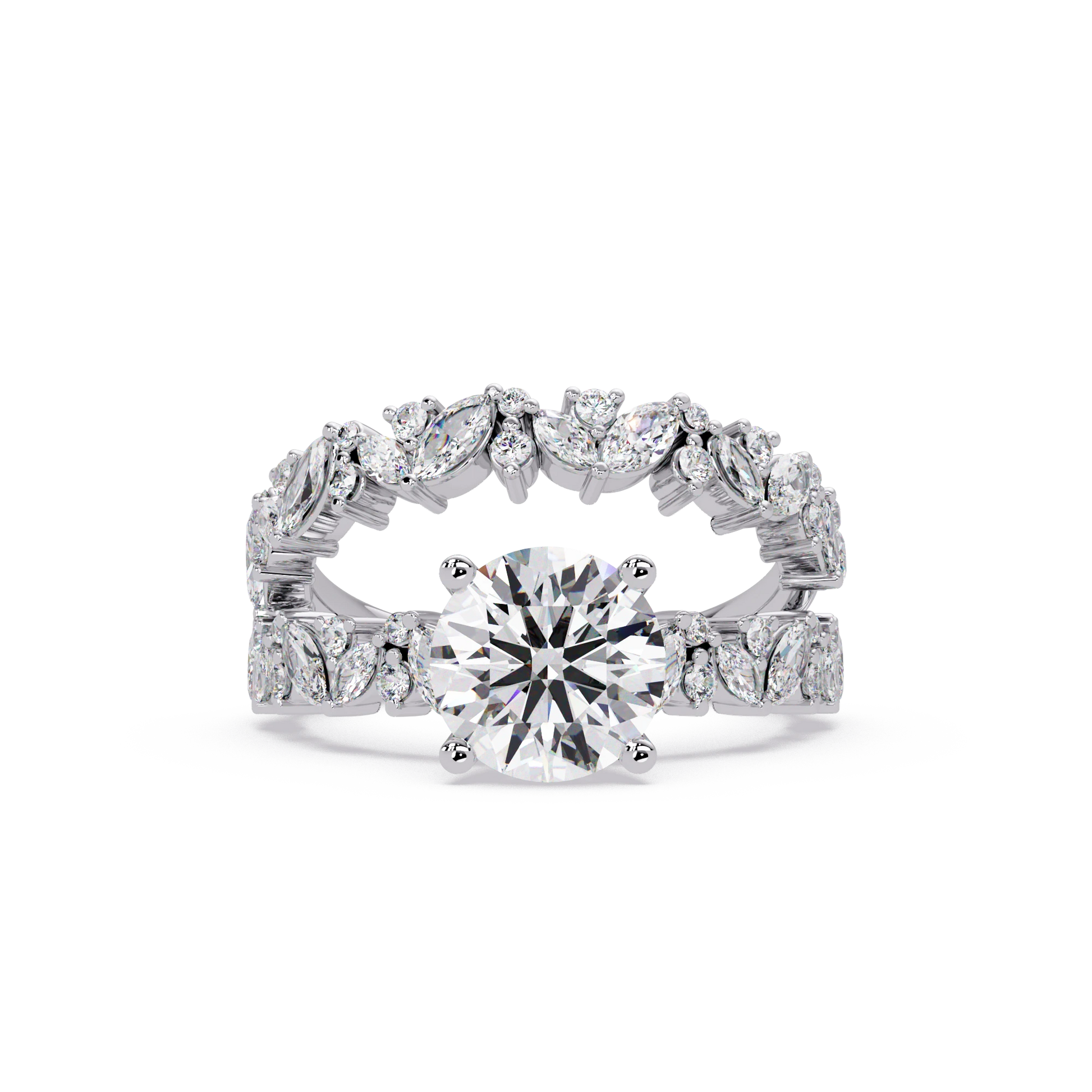Round Cut Lab Grown Diamond Floral Bridal Set White Gold Leaf Pavé Engagement Ring with Matching Band