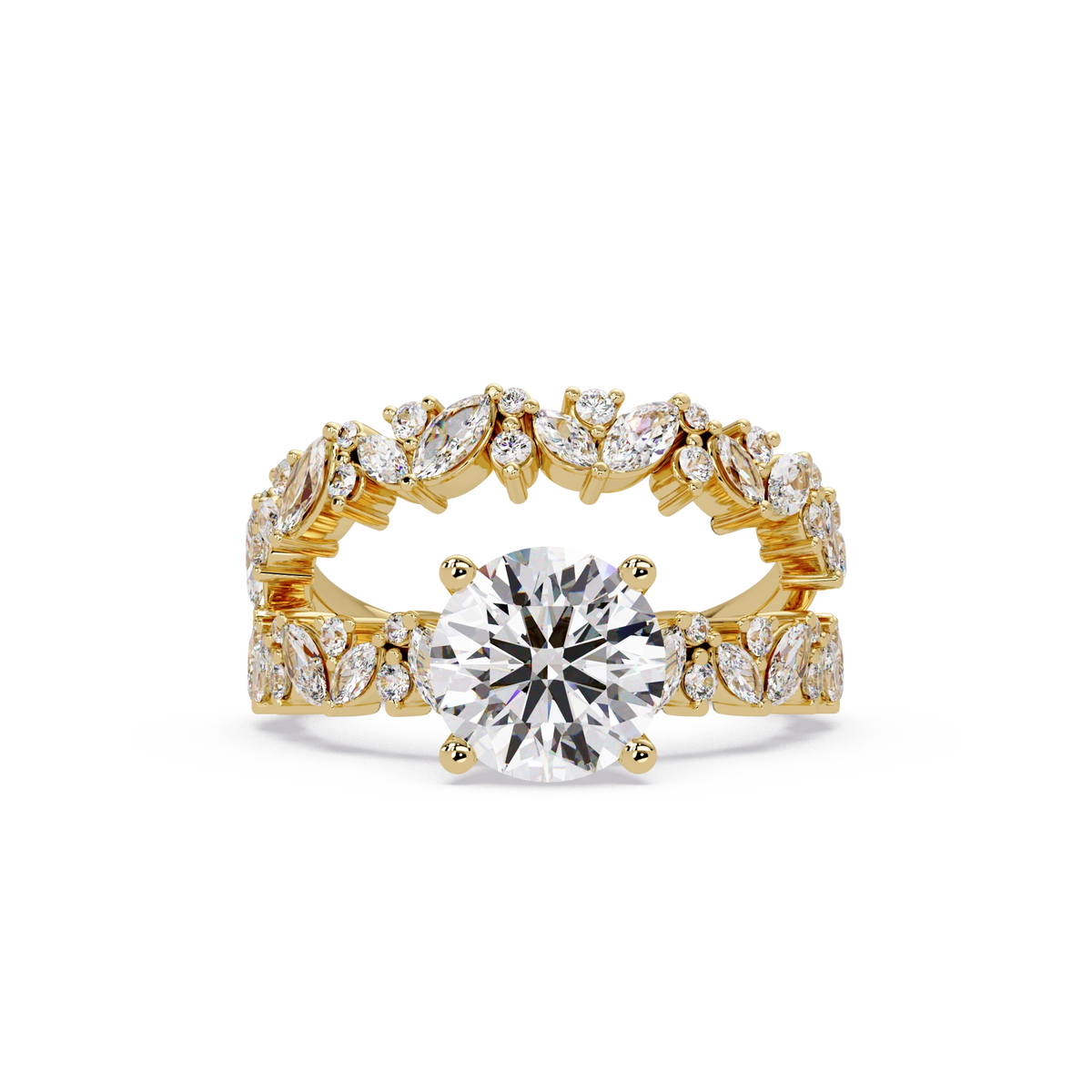 Round Cut Lab Grown Diamond Floral Bridal Set White Gold Leaf Pavé Engagement Ring with Matching Band