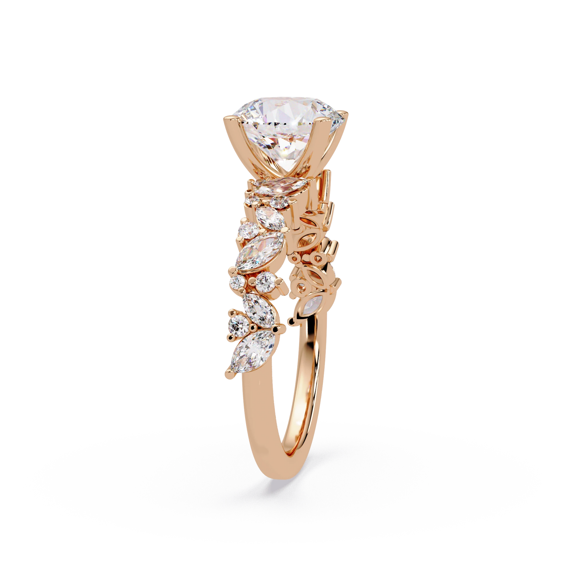 Round Cut Lab Grown Diamond Floral Bridal Set White Gold Leaf Pavé Engagement Ring with Matching Band