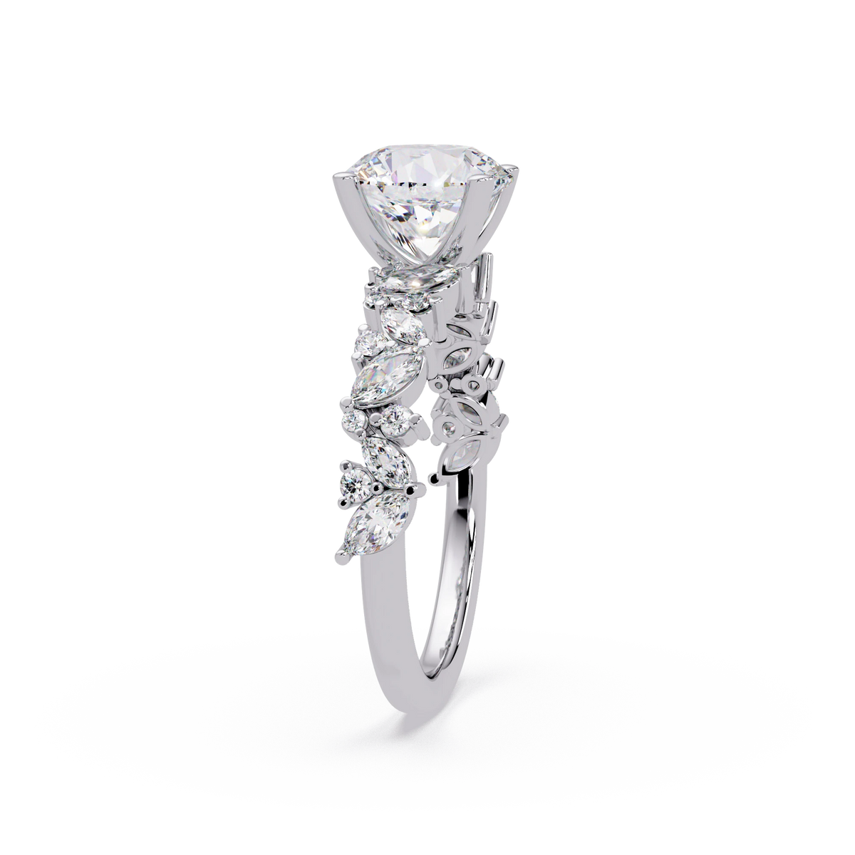 Round Cut Lab Grown Diamond Floral Bridal Set White Gold Leaf Pavé Engagement Ring with Matching Band