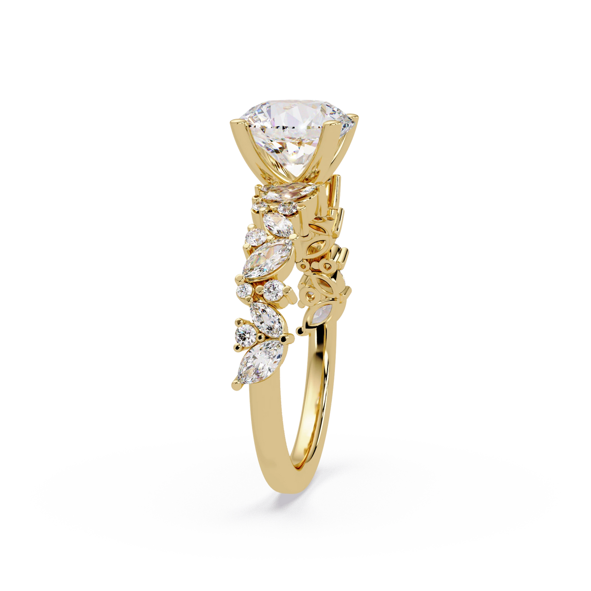 Round Cut Lab Grown Diamond Floral Bridal Set White Gold Leaf Pavé Engagement Ring with Matching Band