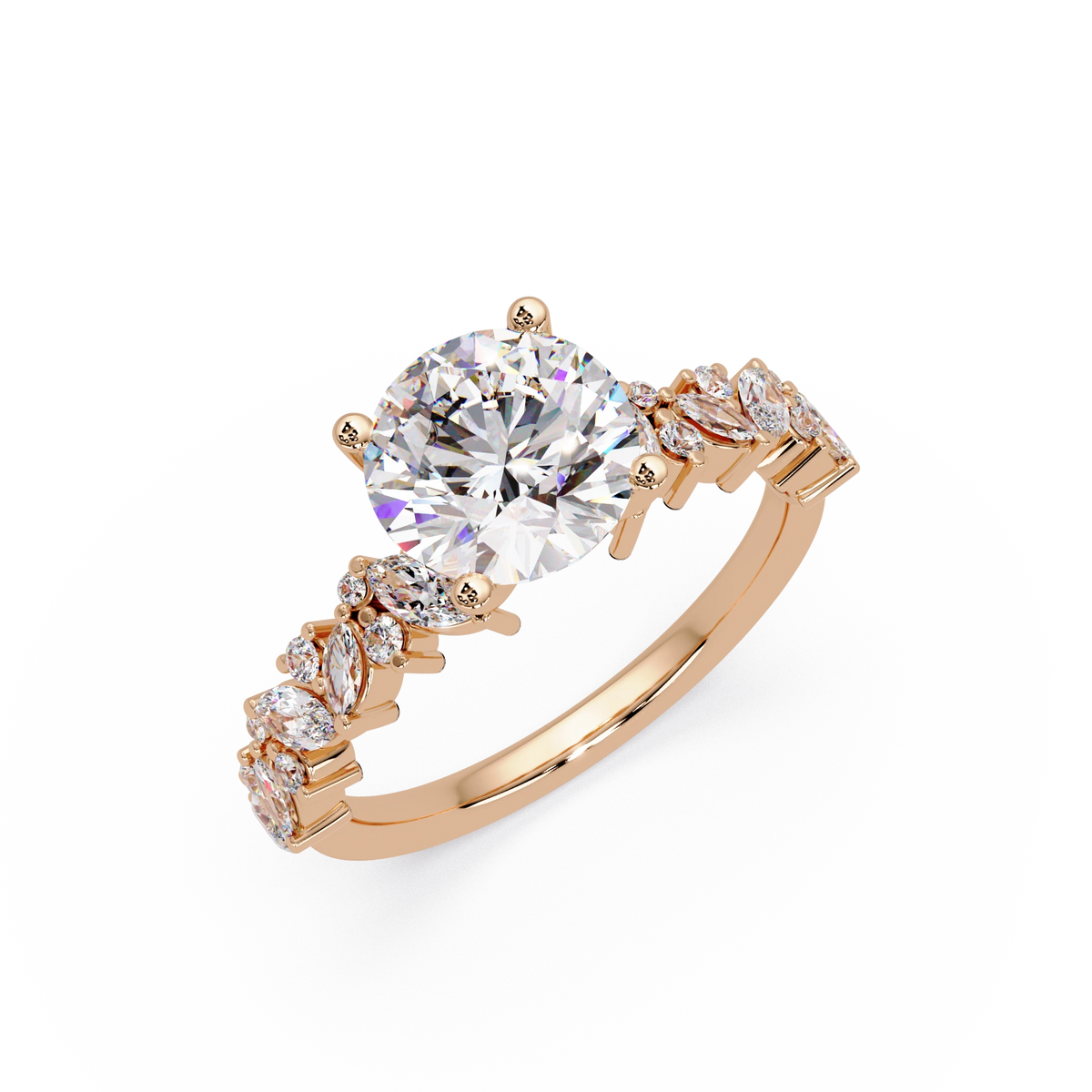Round Cut Lab Grown Diamond Floral Bridal Set White Gold Leaf Pavé Engagement Ring with Matching Band