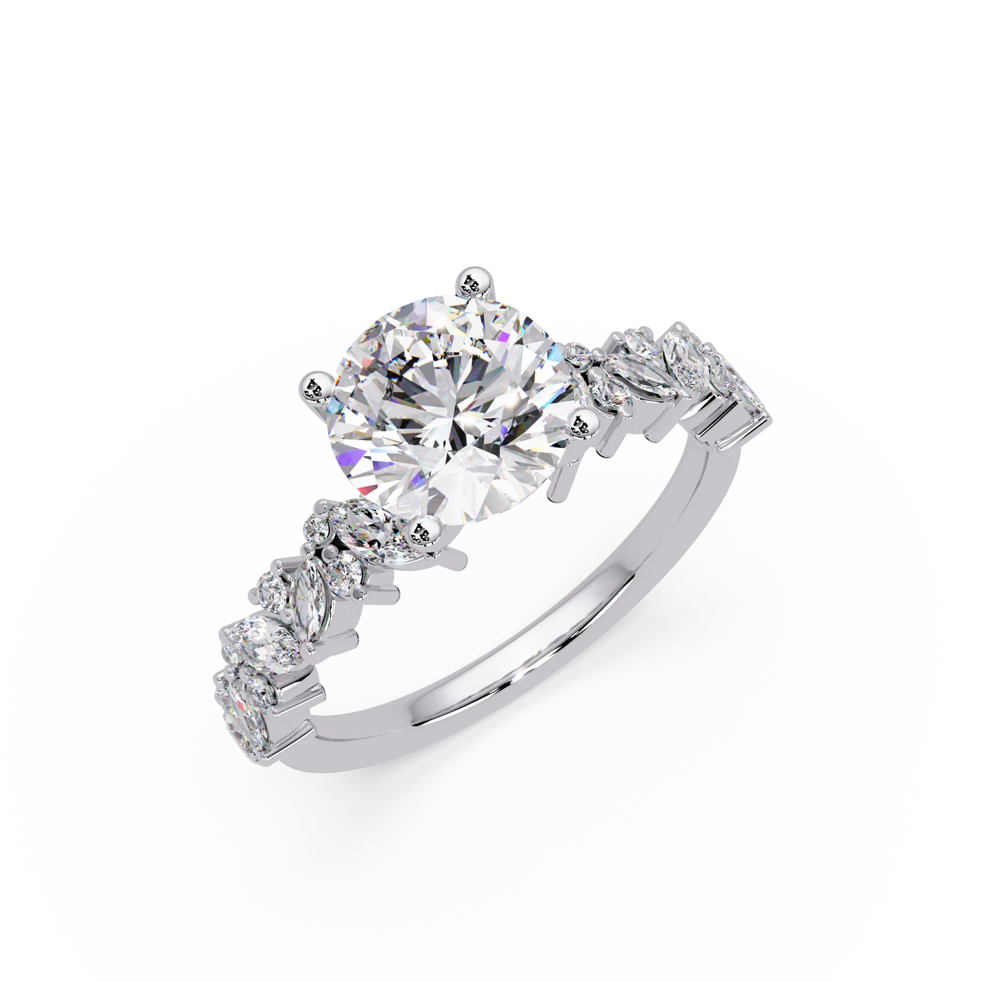 Round Cut Lab Grown Diamond Floral Bridal Set White Gold Leaf Pavé Engagement Ring with Matching Band
