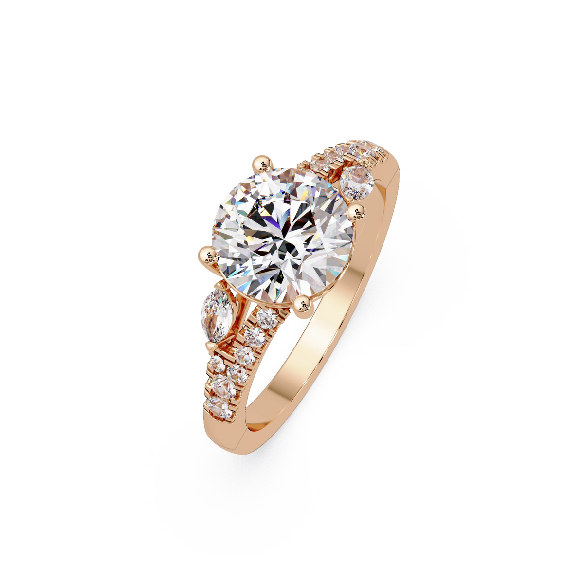 Round Lab Grown Diamond Engagement Ring Pavé Band with Pear Side Diamonds in Yellow Gold