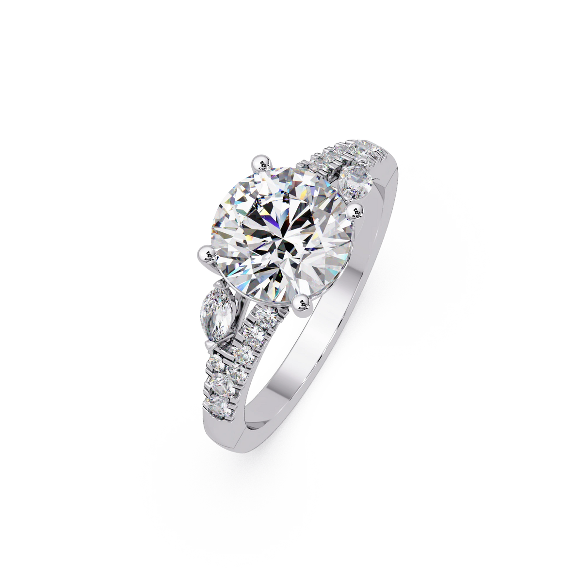 Round Lab Grown Diamond Engagement Ring Pavé Band with Pear Side Diamonds in Yellow Gold