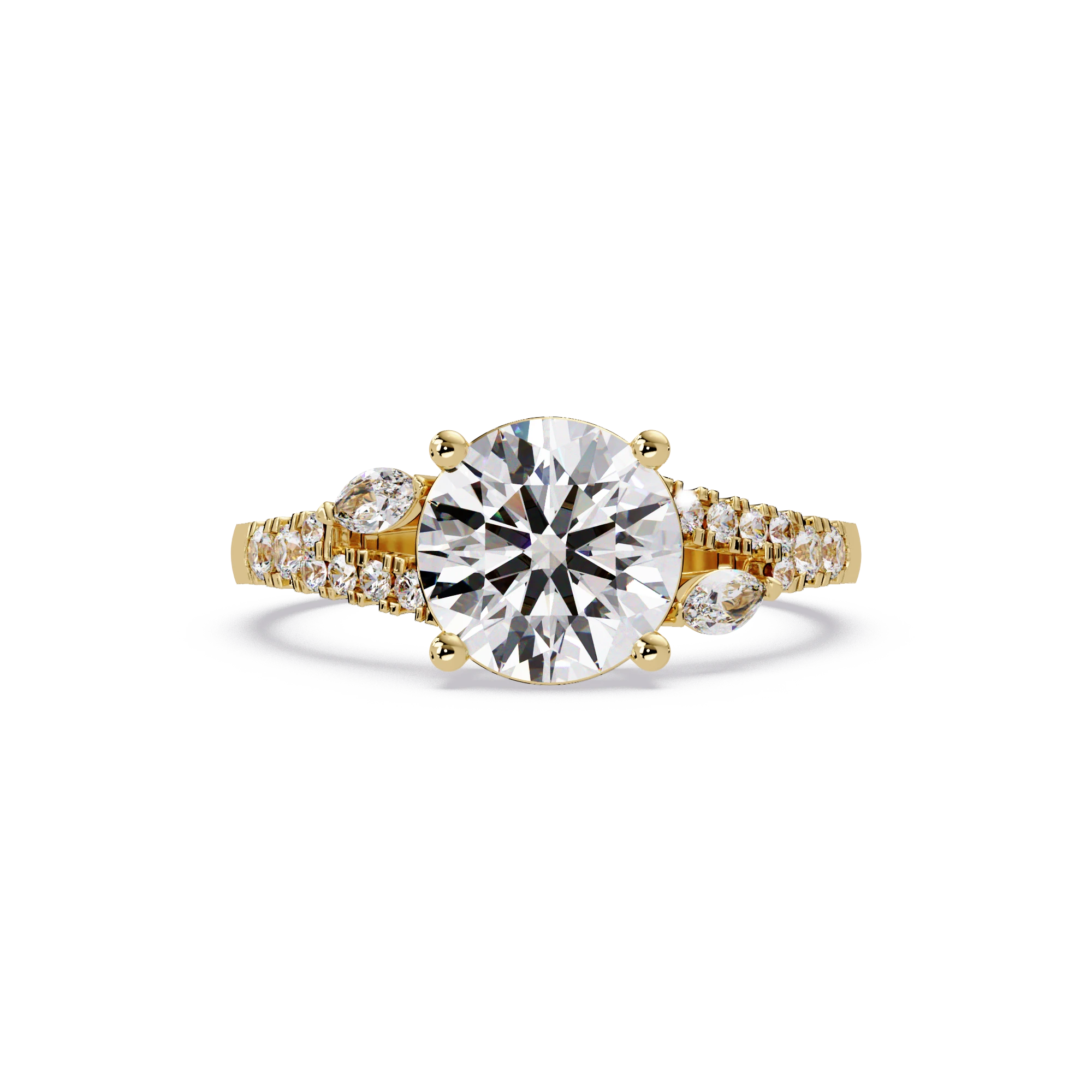Round Lab Grown Diamond Engagement Ring Pavé Band with Pear Side Diamonds in Yellow Gold