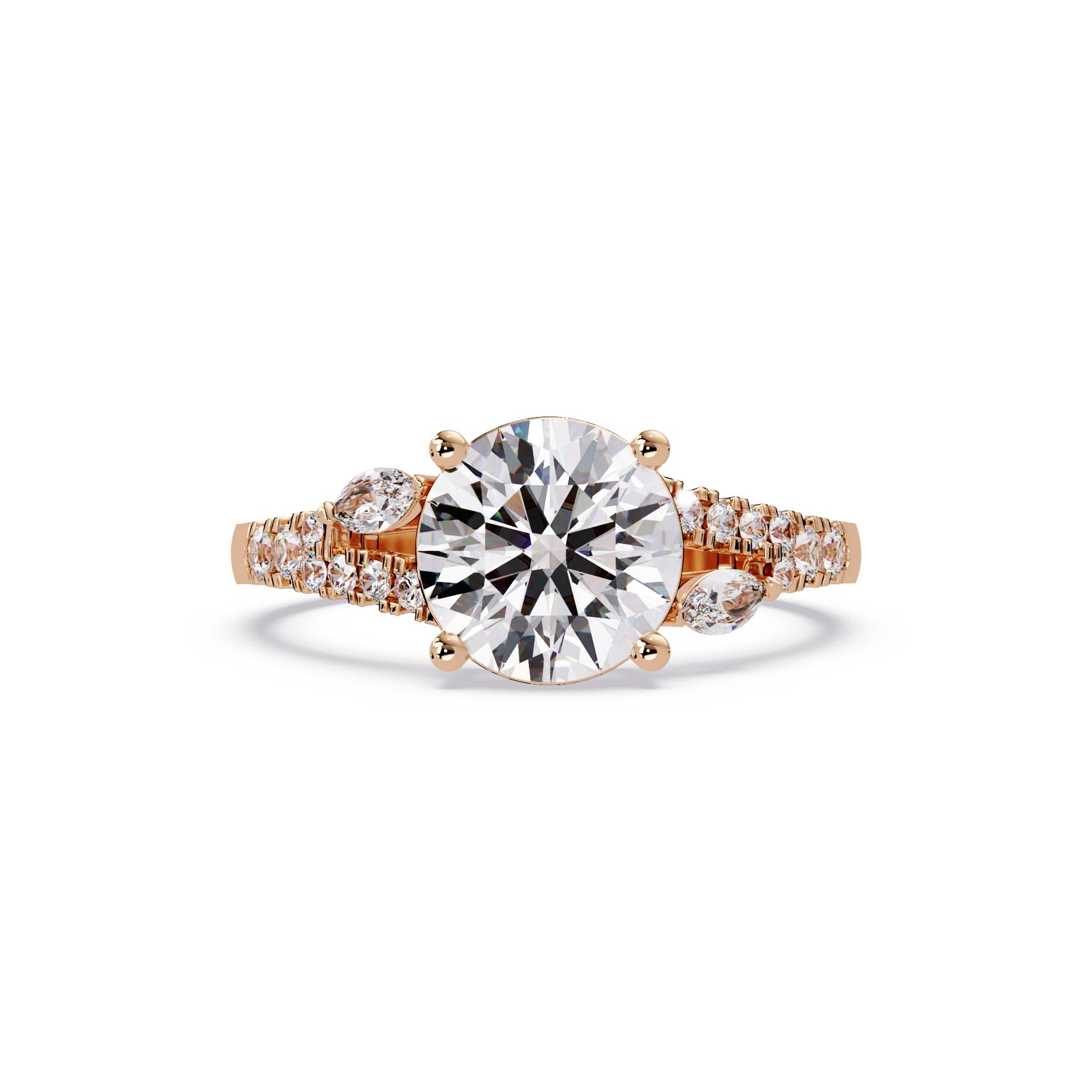 Round Lab Grown Diamond Engagement Ring Pavé Band with Pear Side Diamonds in Yellow Gold